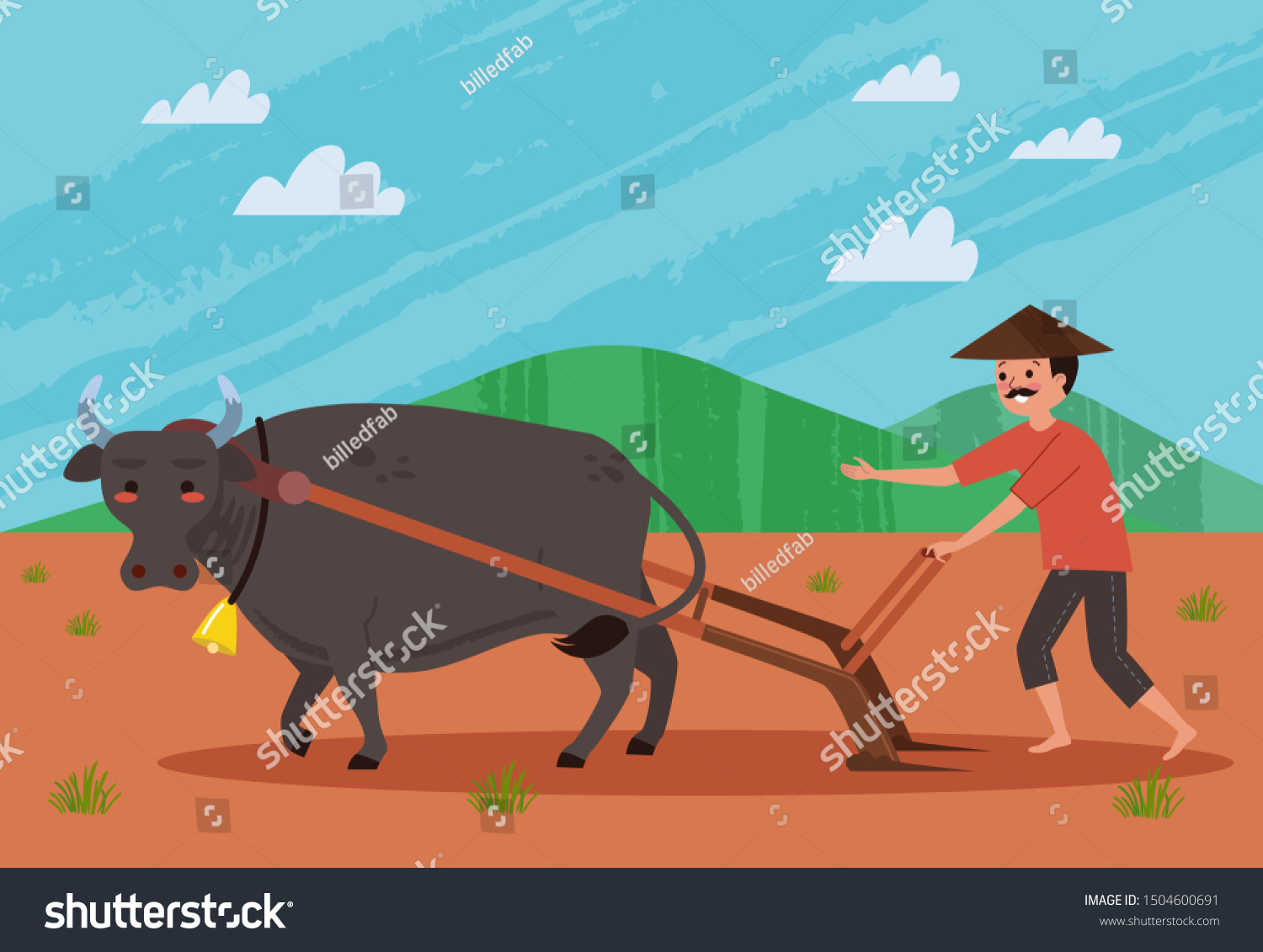 Farmer Plowing Field Using Buffalo Plowing Stock Vector (Royalty Free ...