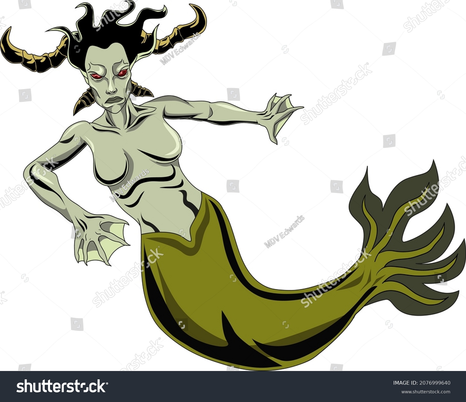 SVG of A female sea satyr, a mermaid like demon with a horned head and evil eyes. svg