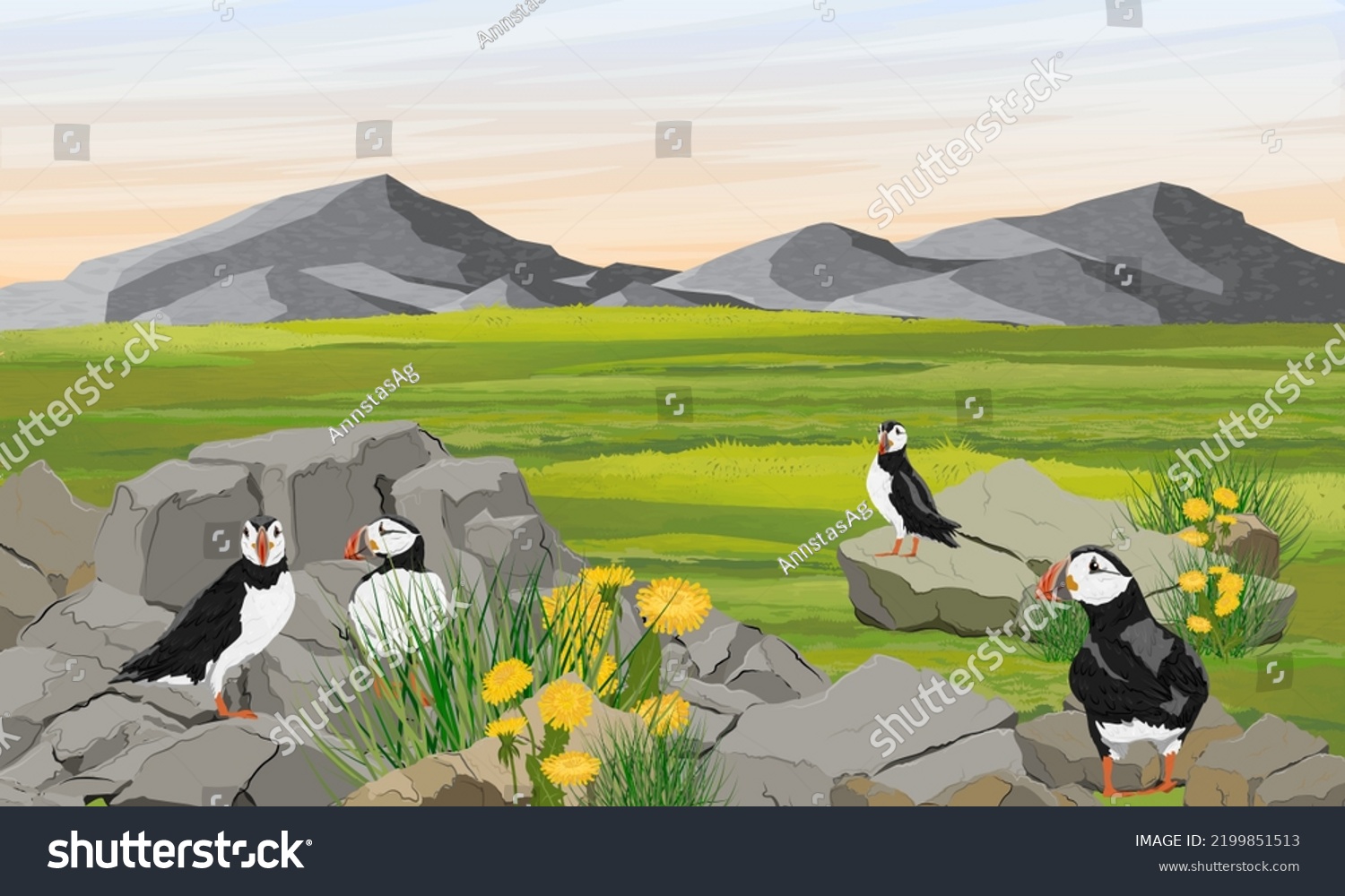 SVG of A flock of Atlantic puffins in a valley by the ocean. Scandinavian bird Fratercula arctica or common puffin. Realistic vector landscape svg
