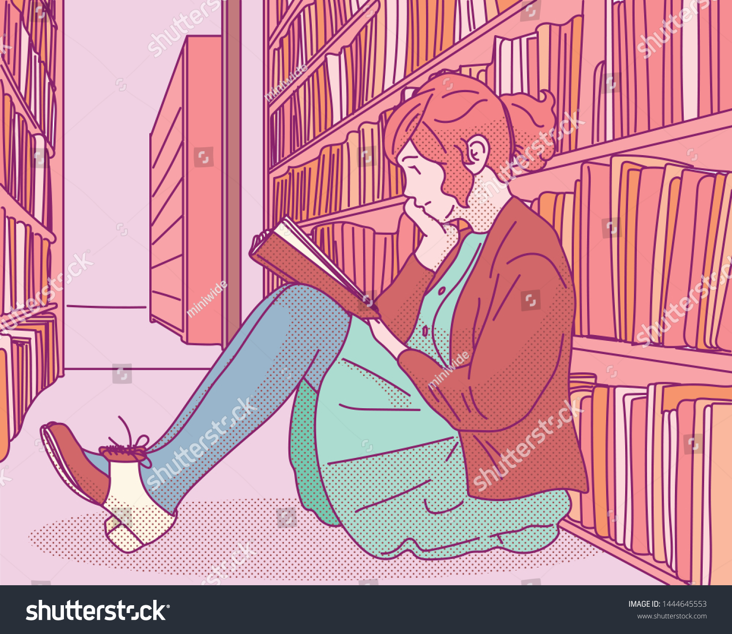 Girl Sitting On Floor Library Reading Stok Vektör Telifsiz 1444645553 Shutterstock