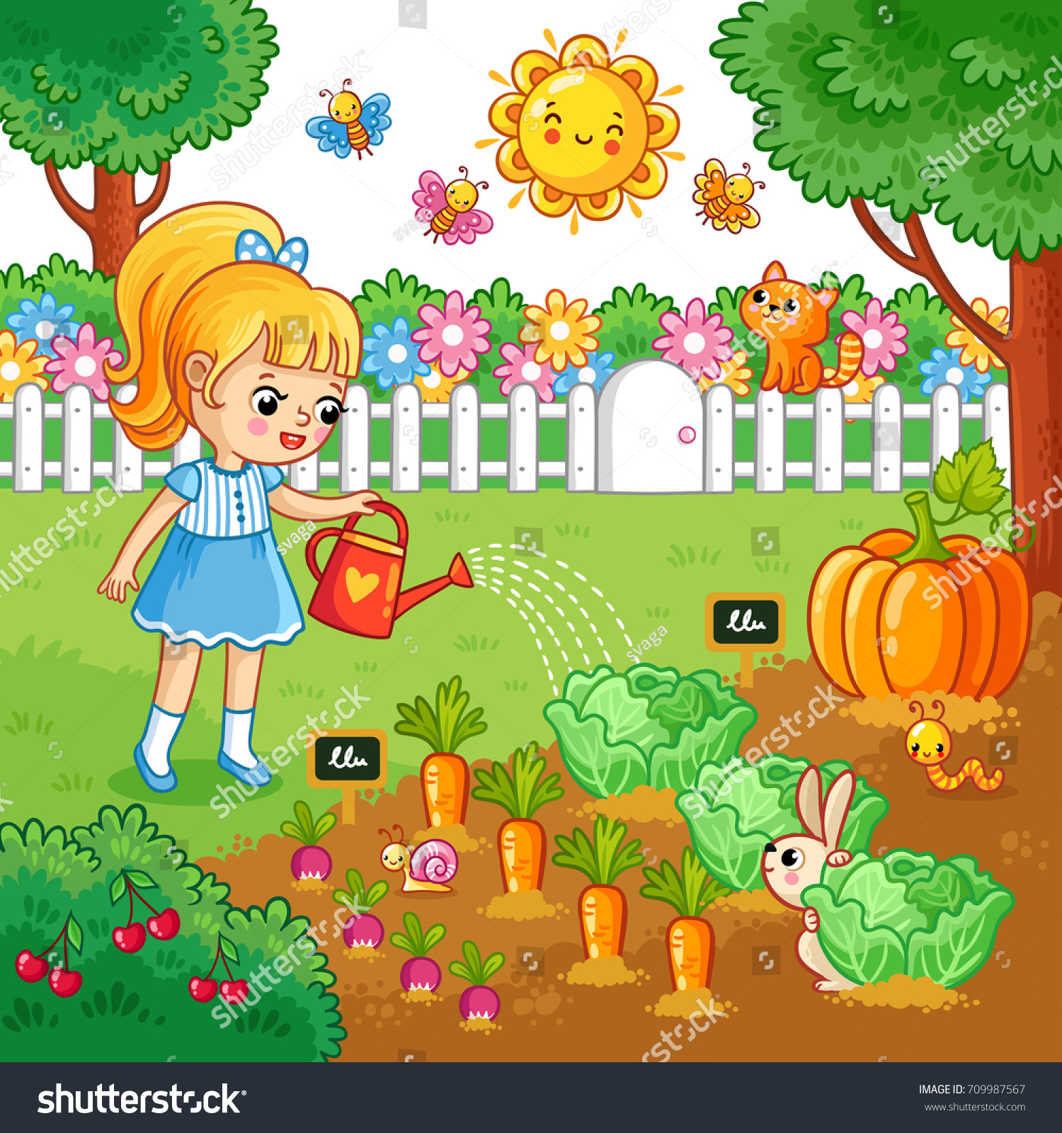 stock vector a girl is watering garden bed with vegetables vector illustration with farming crops in cartoon 709987567