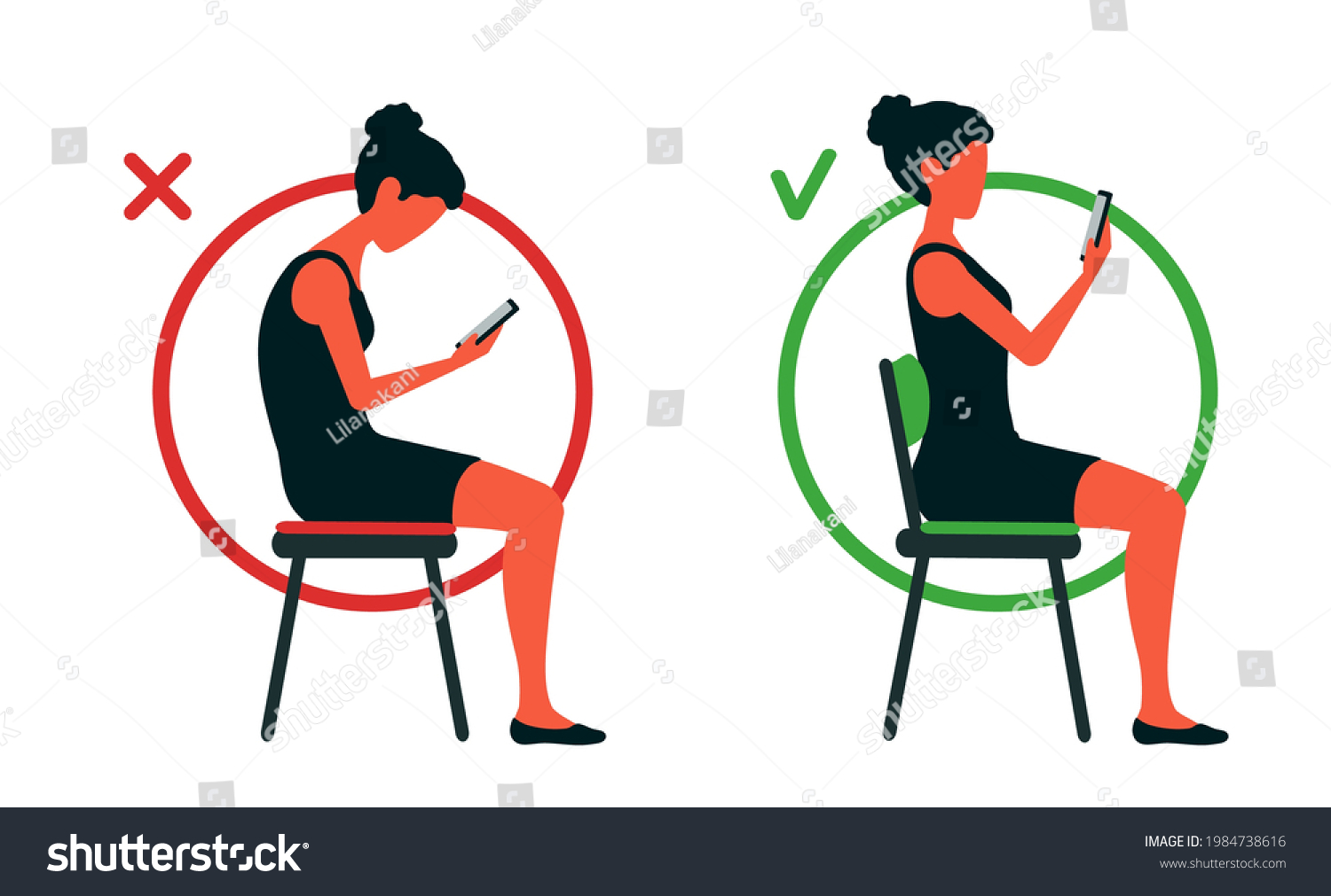 SVG of A girl sits on a chair bent and straightened, reading the smartphone. Correct and incorrect sitting position. Slouching back. A posture before and after, changing. Healthy spine vector illustration. svg