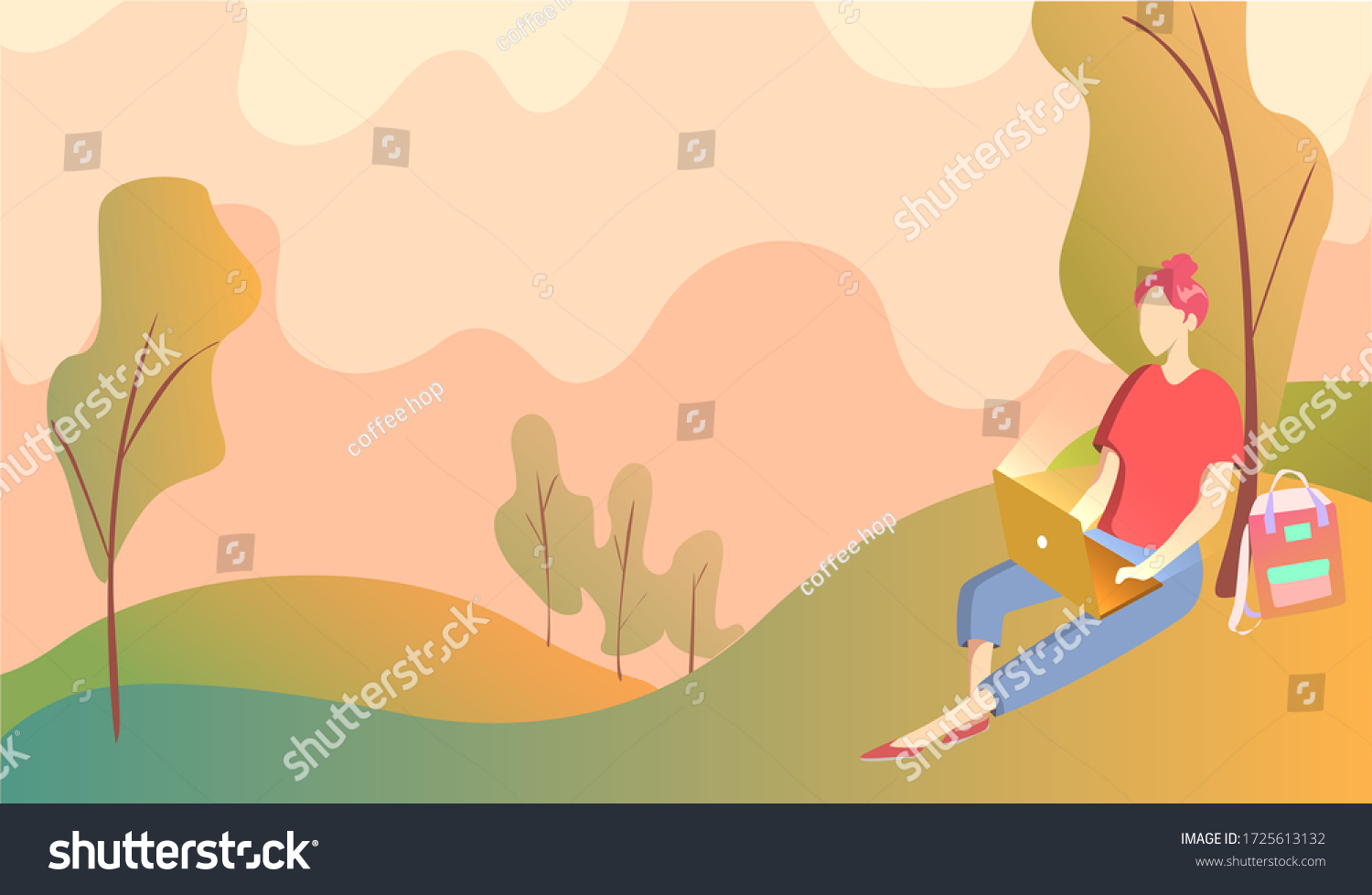 Girl Sits Under Tree Park Works Stock Vector (Royalty Free) 1725613132 ...