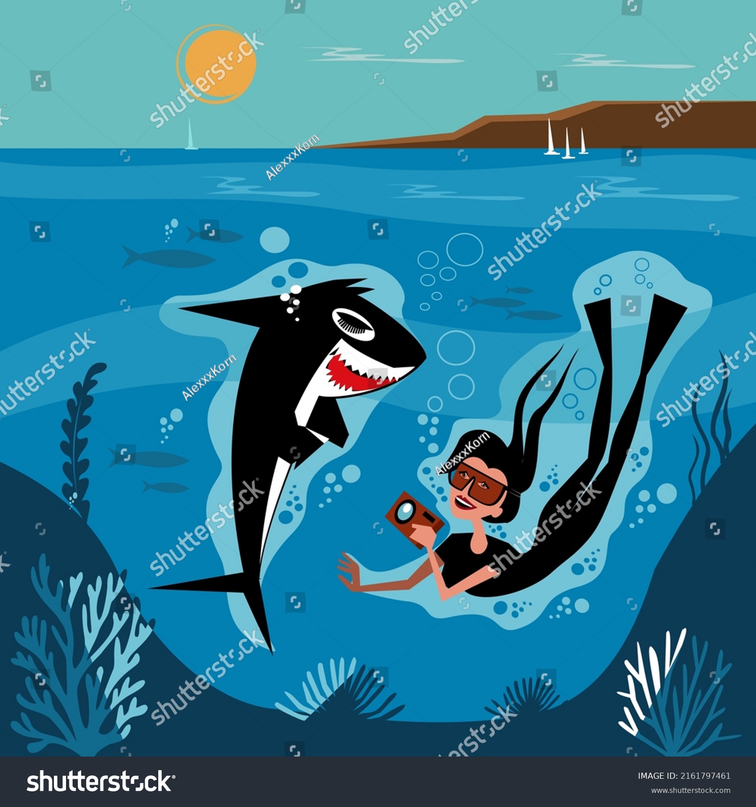 Girl Underwater Takes Pictures Shark Vector Stock Vector (royalty Free 