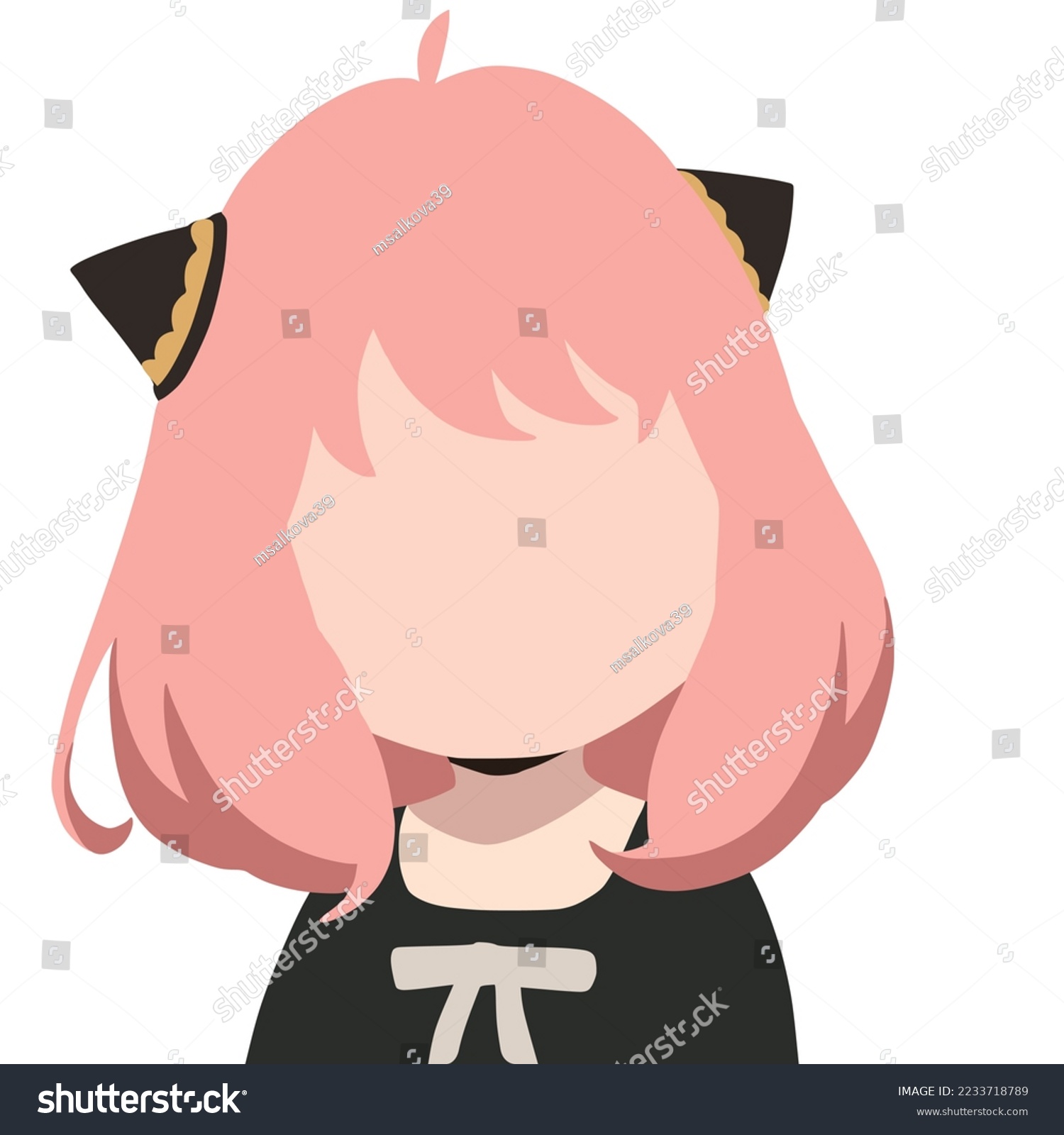 SVG of A girl with ears and lush pink hair, a black dress with a pink bow, a simple drawing without drawing svg
