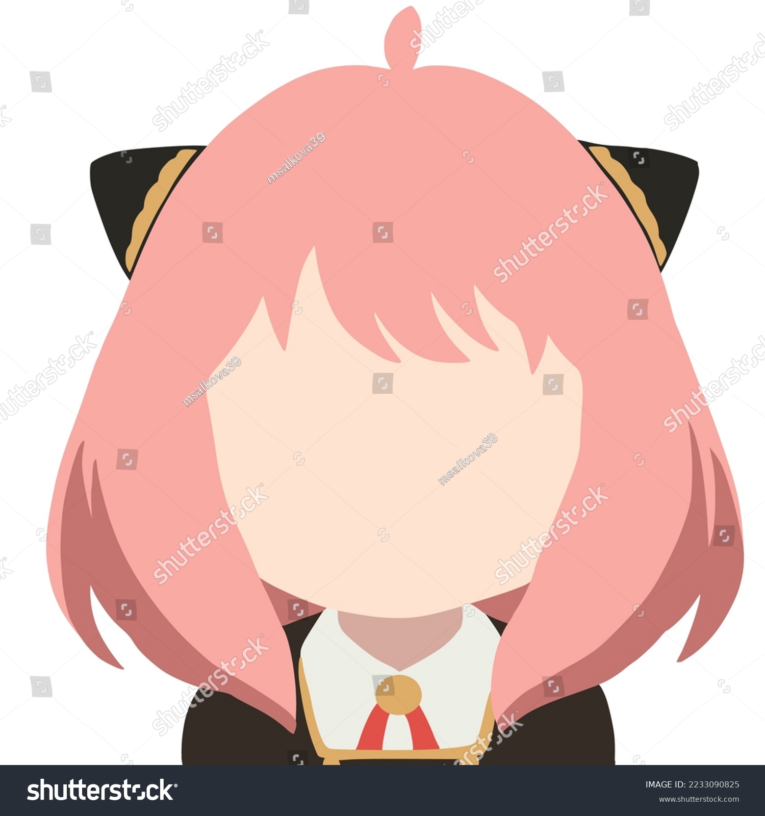 SVG of A girl with ears and lush pink hair, a black school dress with a red bow and a gold brooch, a simple drawing without drawing svg
