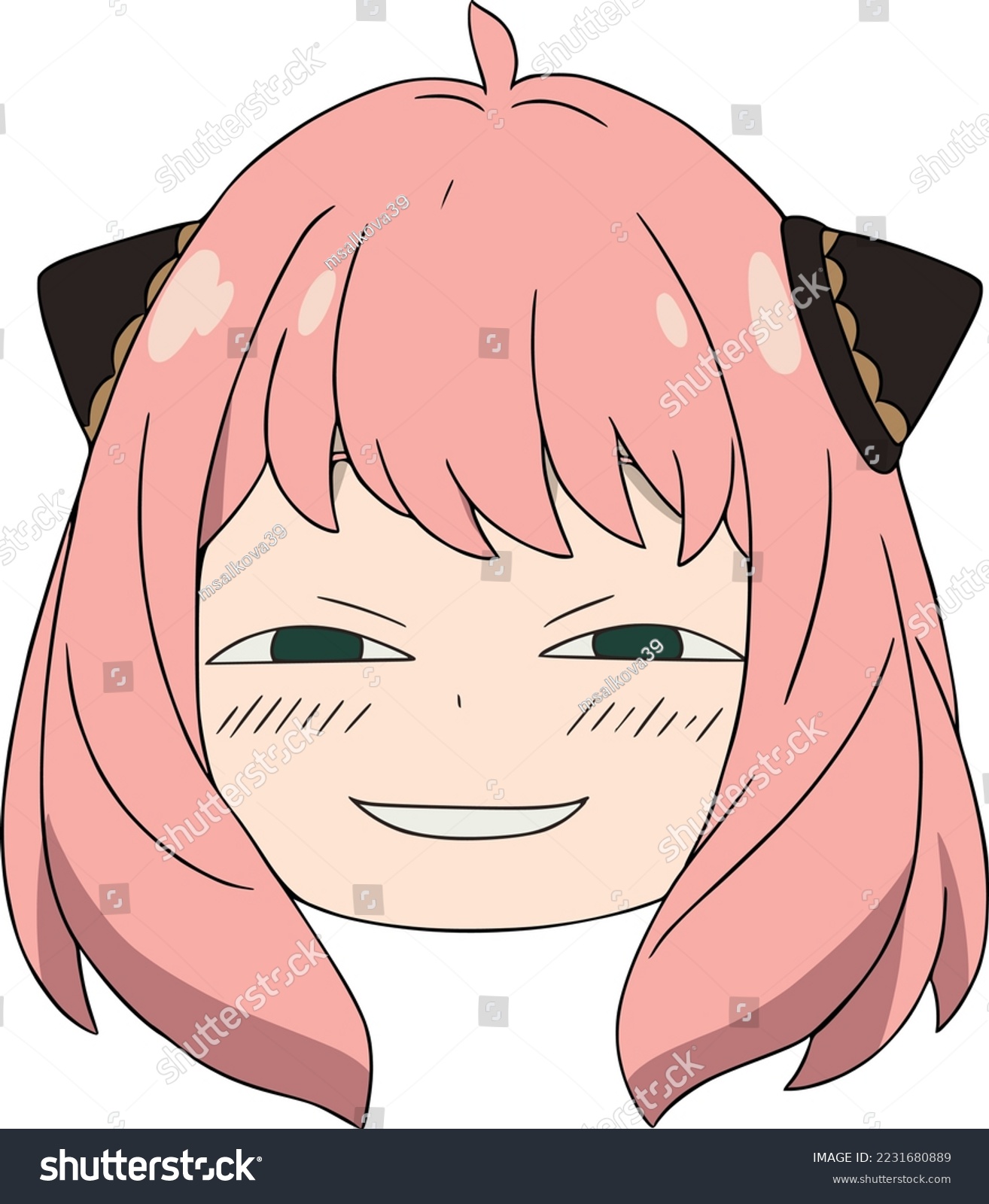 SVG of A girl with pink hair and a funny smile, narrowed green eyes, only a head without a body svg