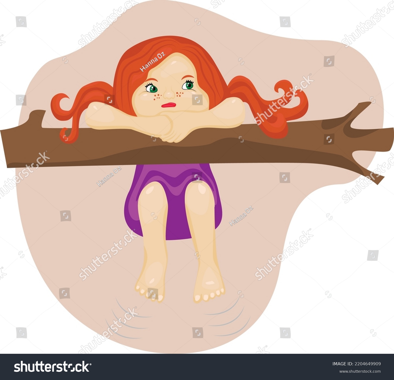 SVG of a girl with red hair tries to climb a tree and dangles her legs. Vector illustration with  details svg