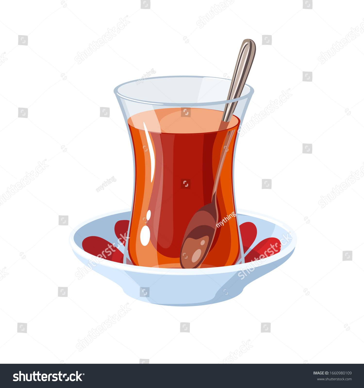 SVG of A glass of traditional Turkish tea with a teaspoon on a saucer. Vector illustration flat cartoon icon isolated on white. svg