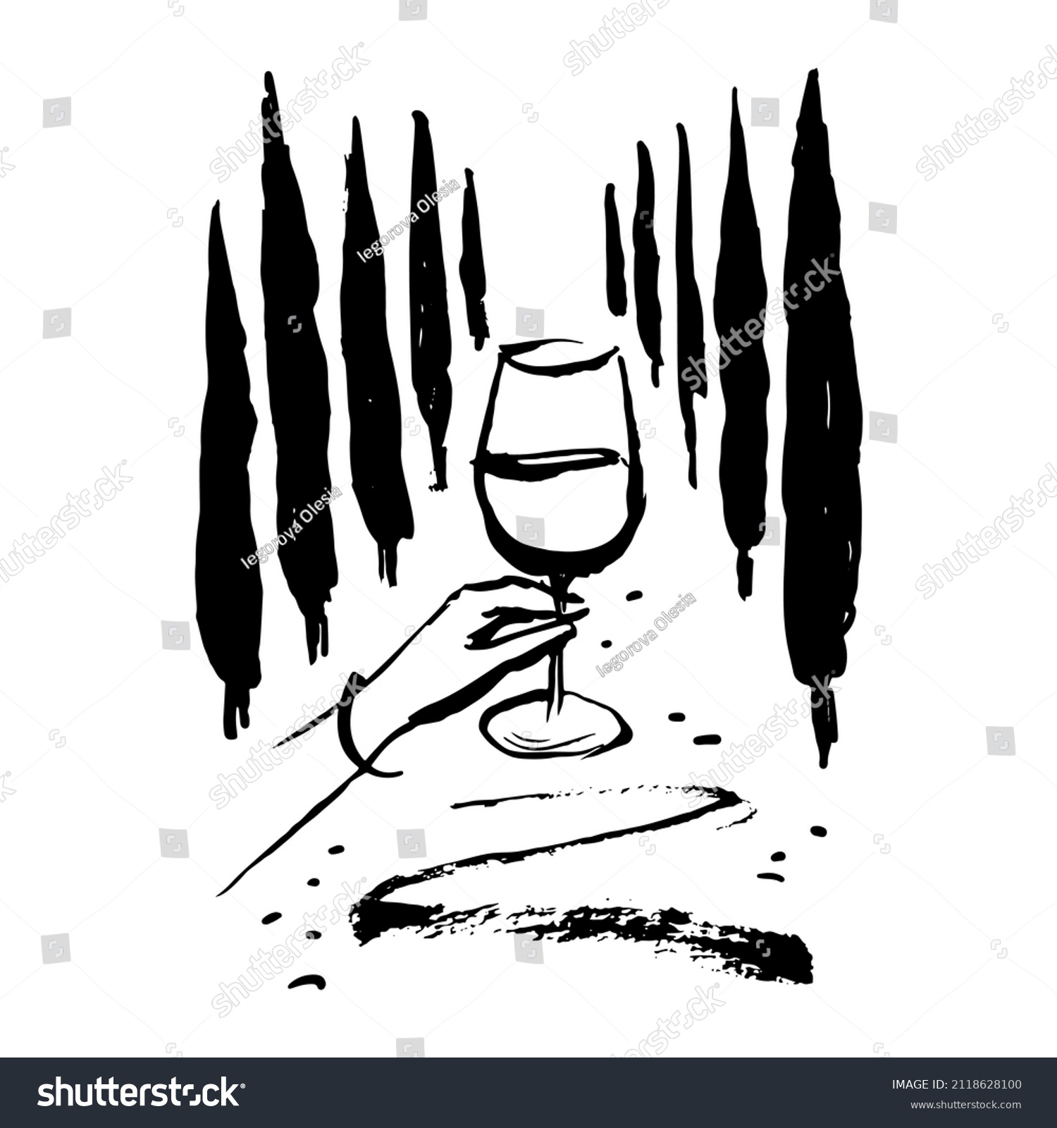 SVG of A glass of wine in hand against the backdrop of Tuscany cypresses. Ink illustration. svg