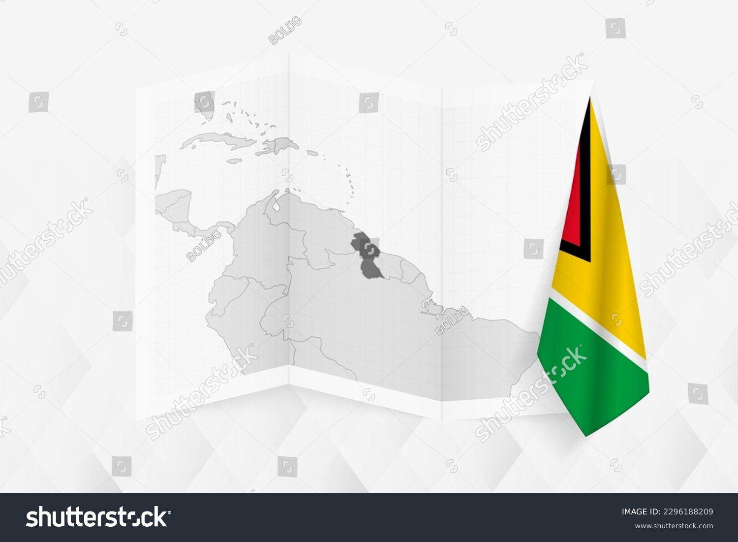 SVG of A grayscale map of Guyana with a hanging Guyanese flag on one side. Vector map for many types of news. Vector illustration. svg