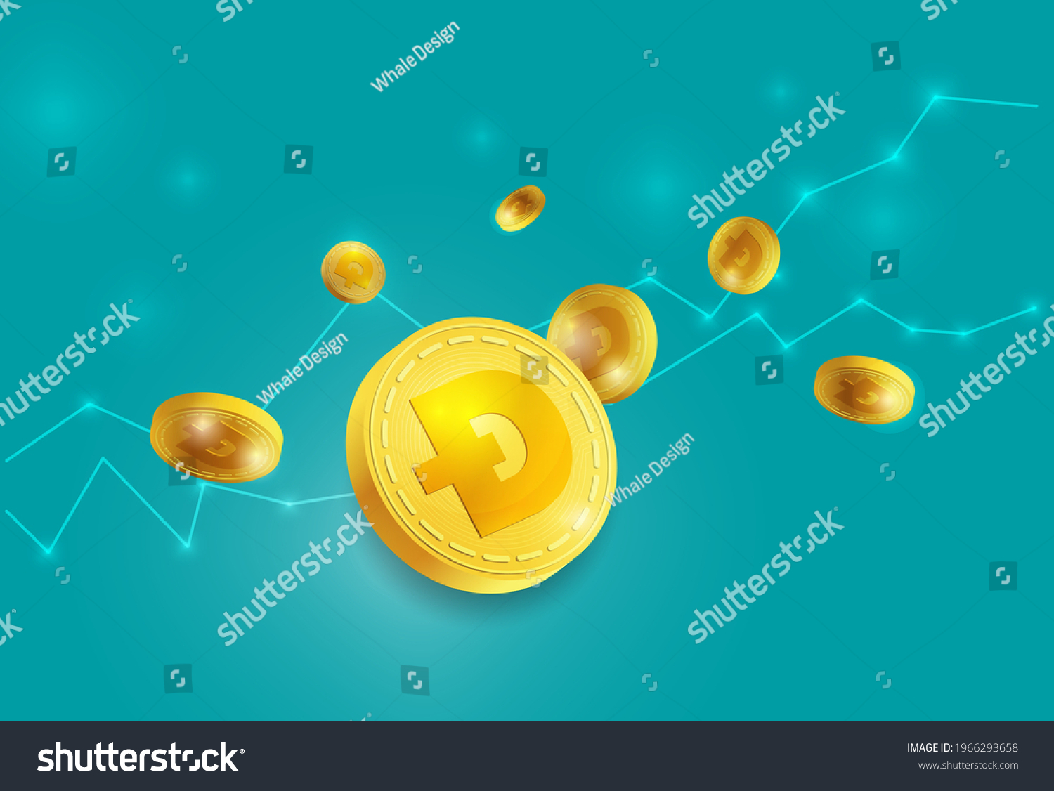 SVG of A Green background in dogecoin vector concept is growing up in the air. The cryptocurrency is in a 3D golden coin vector with a Dogecoin sign. A digital currency  illustration is for GME growth chart  svg