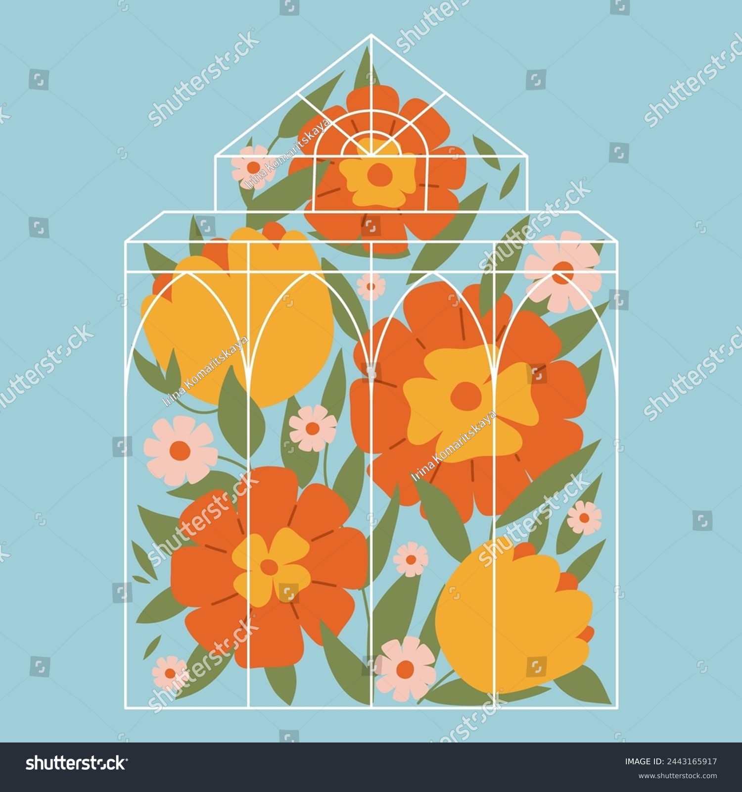 SVG of A greenhouse with flowers. Spring blooming glasshouse. Floral illustration svg