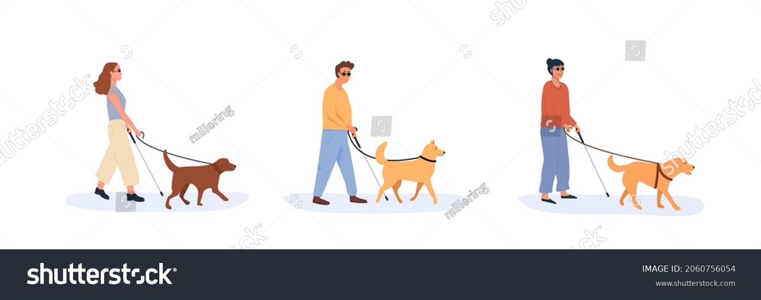 SVG of A guide dog with blind person walking together. Set of people with using help of dog. Collection of flat style characters. Vector illustration. svg