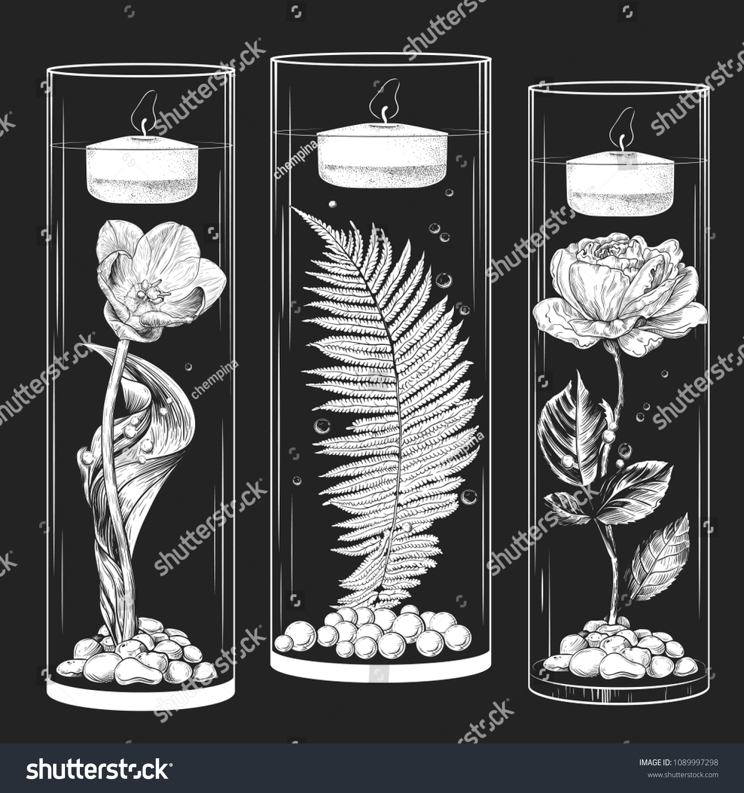 Handdrawn Collection Floating Candles Glass Vases Stock Vector