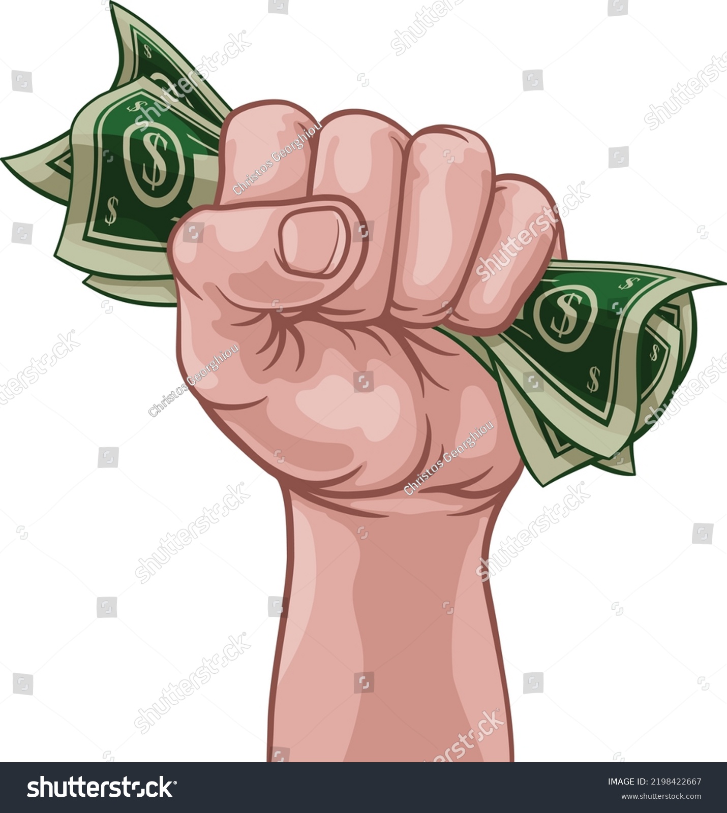 SVG of A hand in a fist squeezing cash money dollar bills. In a comic book pop art cartoon illustration style svg
