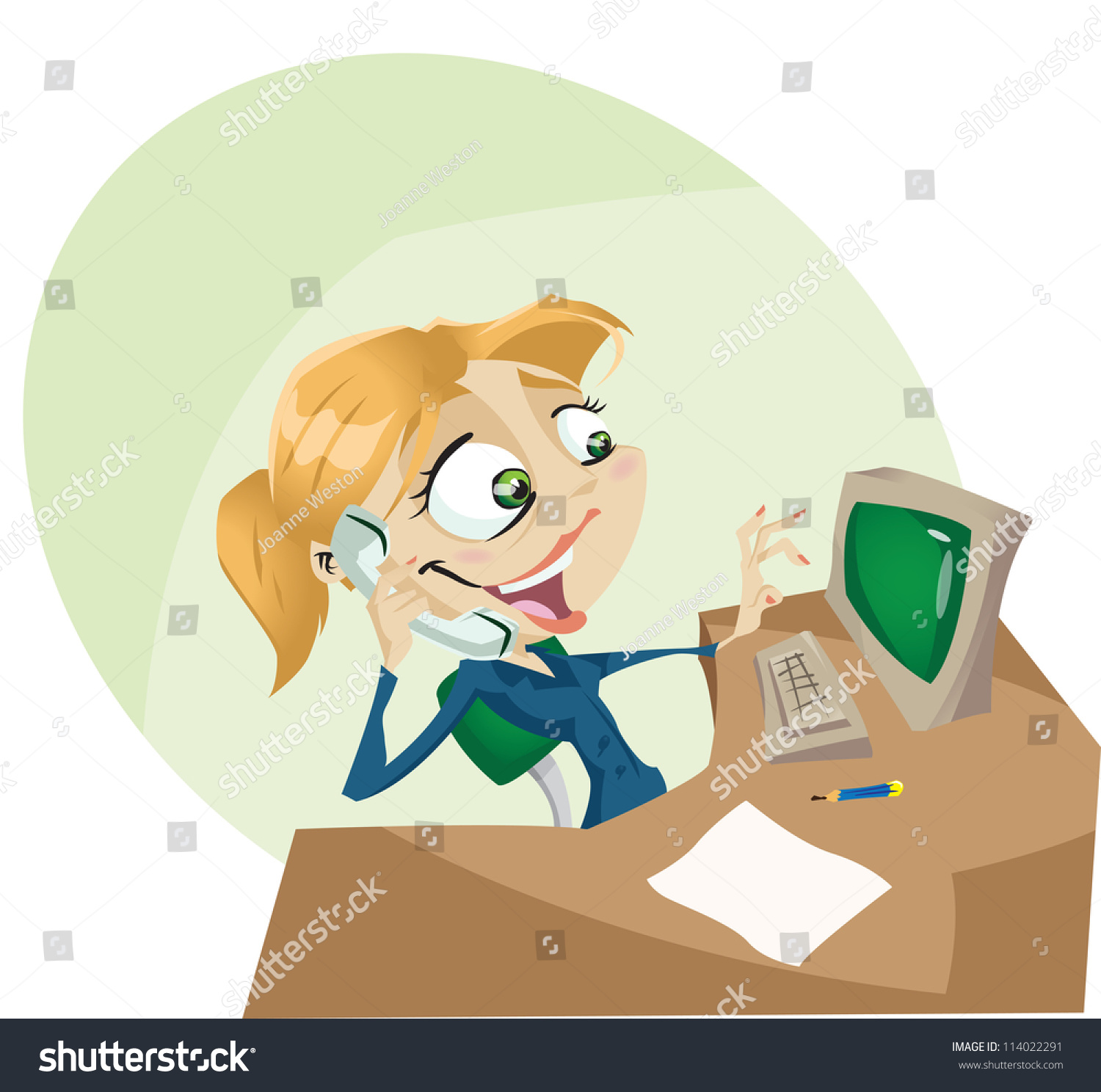 Happy Cartoon Secretary Answers Phone Smile Stock Vektorgrafik Lizenzfrei