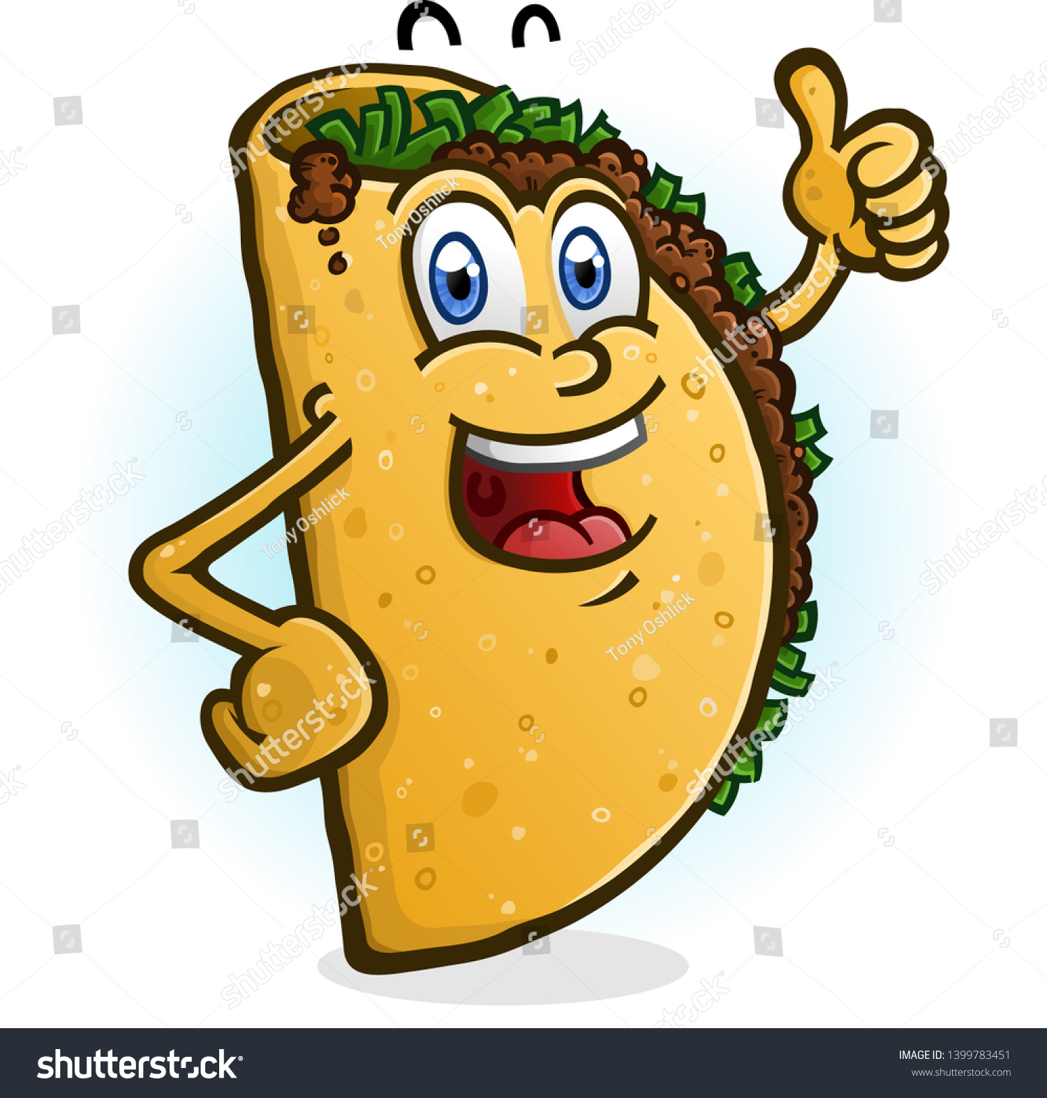SVG of A happy smiling Taco cartoon character giving an enthusiastic thumbs up gesture svg