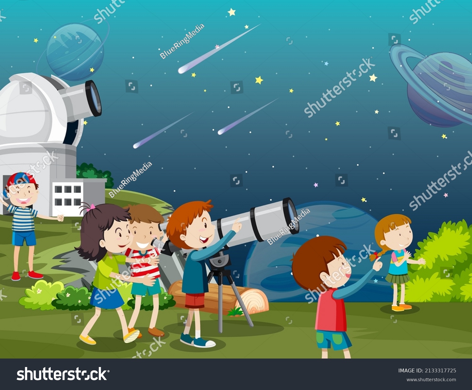 Kids Looking Planet Telescope Illustration Stock Vector (Royalty Free ...