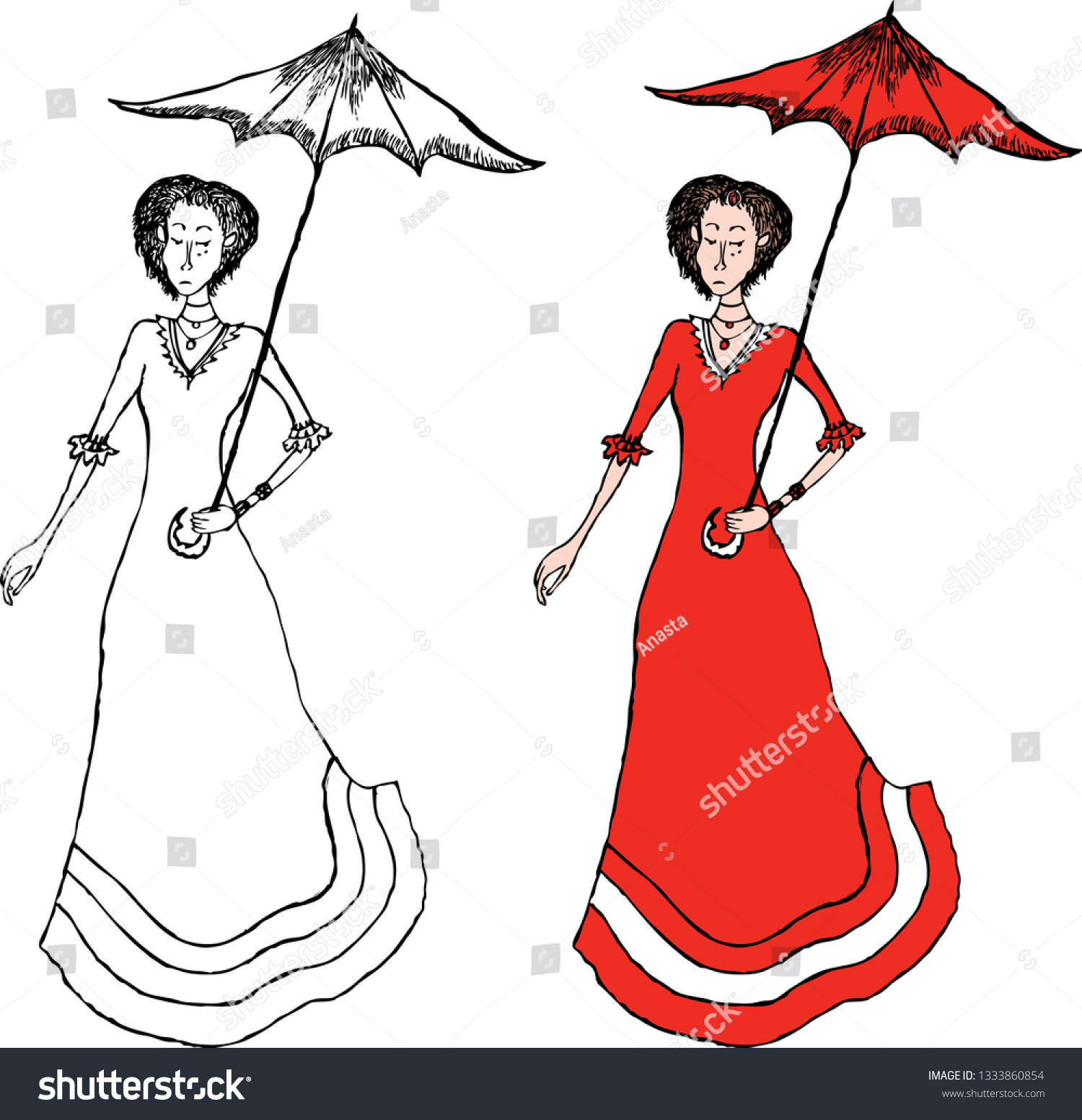 Lady Umbrella Goes On Stroll Stock Vector Royalty Free 1333860854