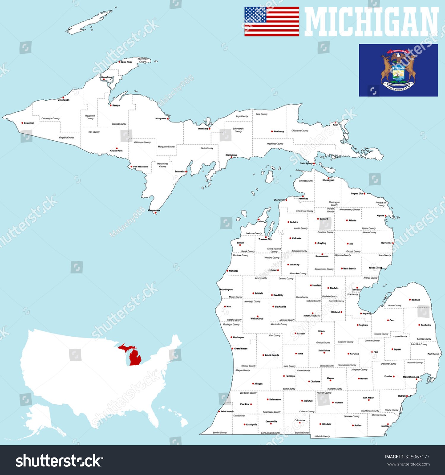 Large Detailed Map State Michigan All Stock Vector Royalty Free