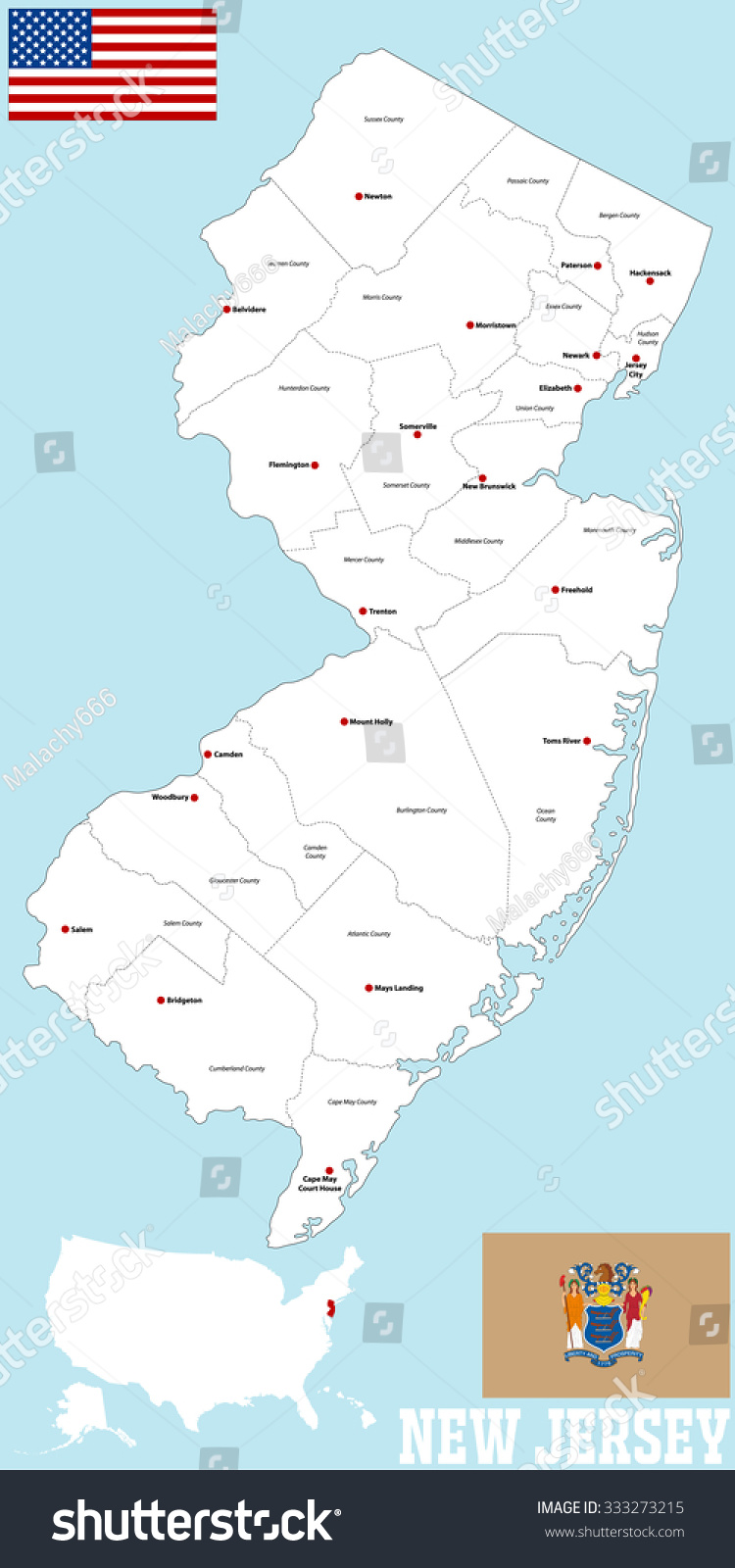 SVG of A large and detailed map of the State of New Jersey with all counties and main cities. svg