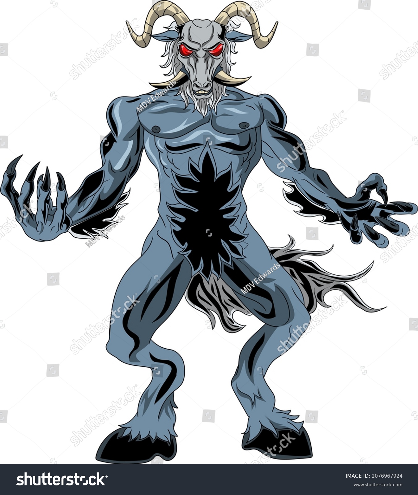 SVG of A large demonic satyr with a head of a monstrous goat with tusk like incisors. Half man, half animal mythological creature. svg