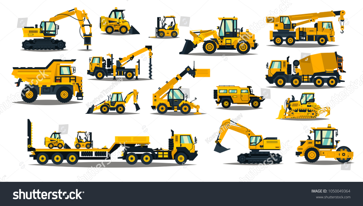 黄色い背景に大きな建設設備のセット 建築工事用の特別な機械 フォークリフト クレーン 掘削機 トラクター ブルドーザー トラック 車 コンクリートミキサー トレーラー ベクターイラスト のベクター画像素材 ロイヤリティフリー