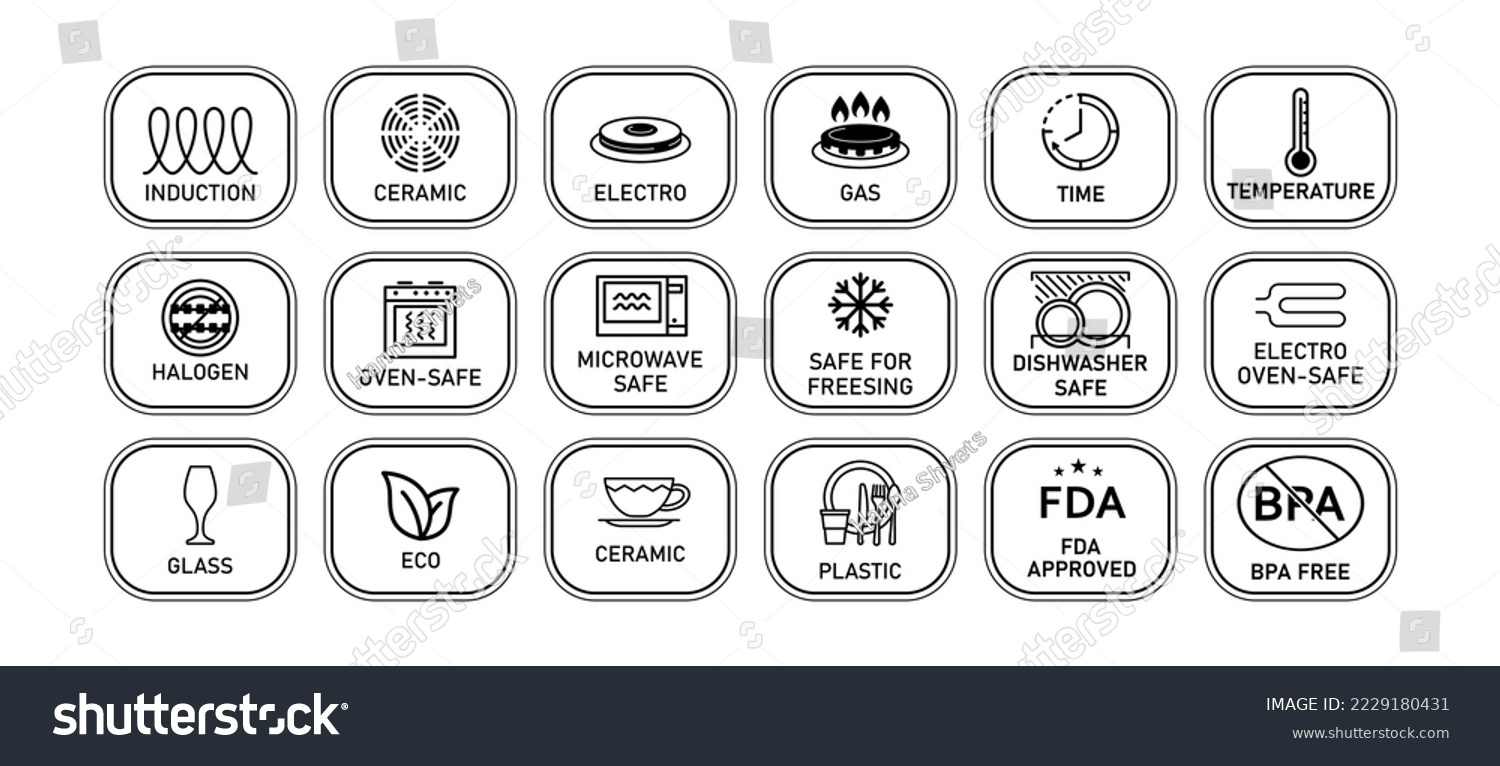 SVG of A large set of cookware labeling icons in an oval frame. Induction, gas, microwave, FDA approved, BPA free, etc. To indicate a surface, coating. Vector illustration svg