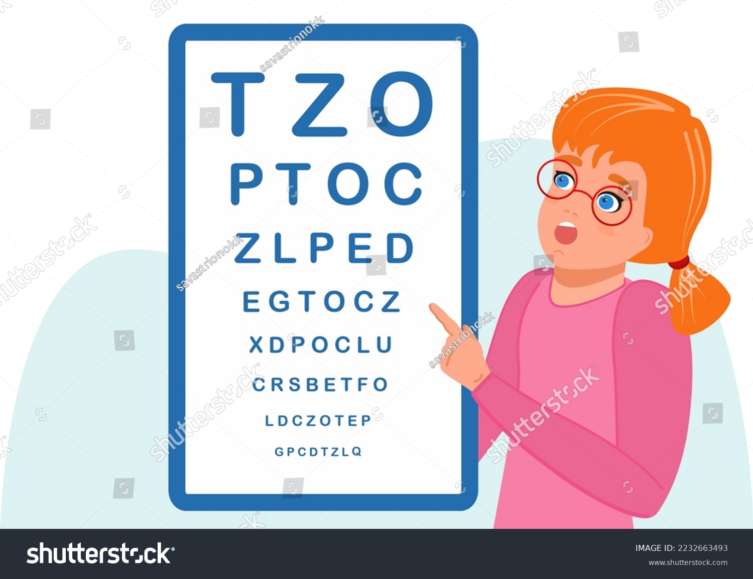 SVG of A little girl reads a table of letters. Graphics. Vector. Theme of medicine and health. Making an appointment with an ophthalmologist. Medical banner for web design. svg
