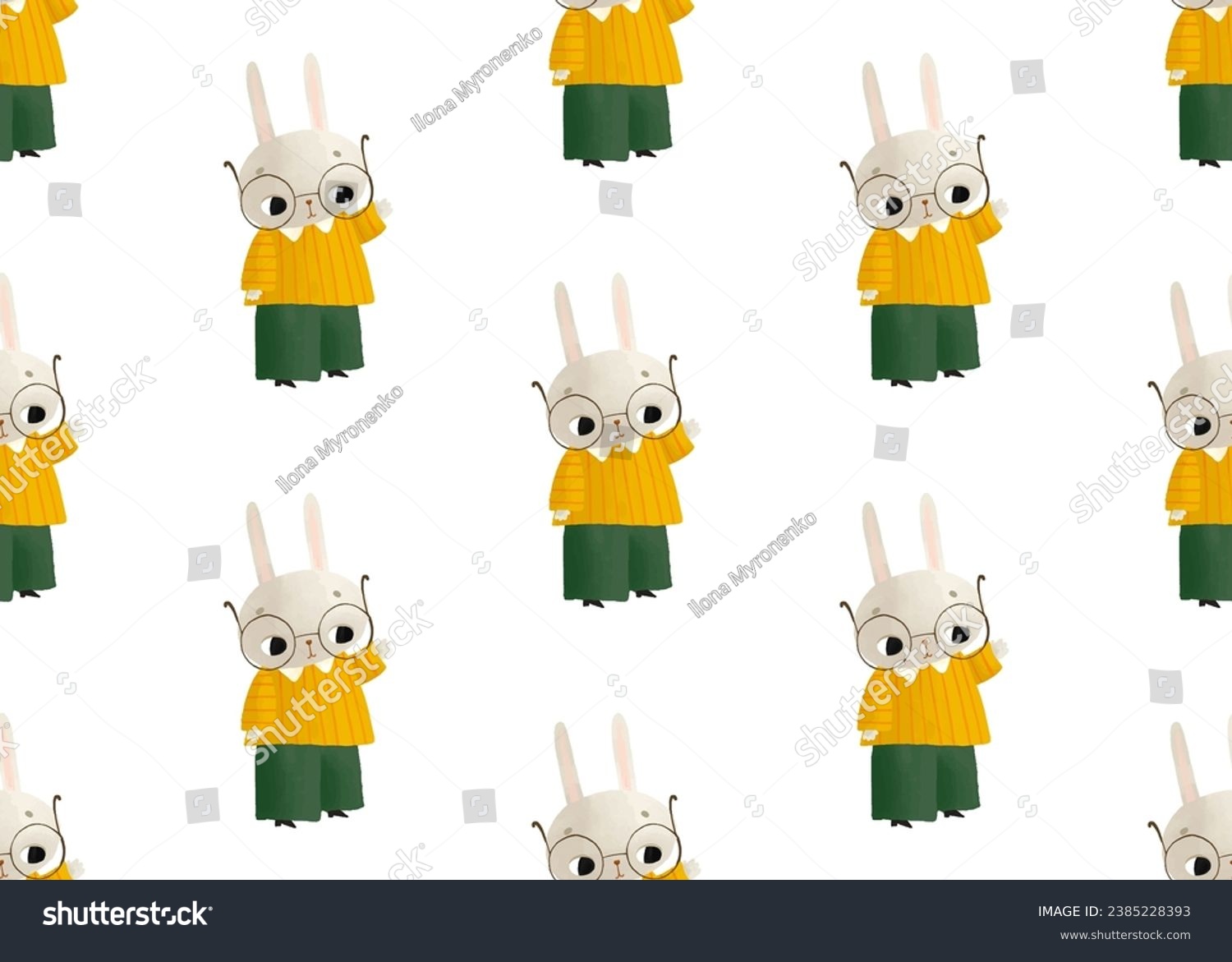 SVG of A little rabbit student in round glasses waves his hand. Primary school seamless pattern. Dear student svg