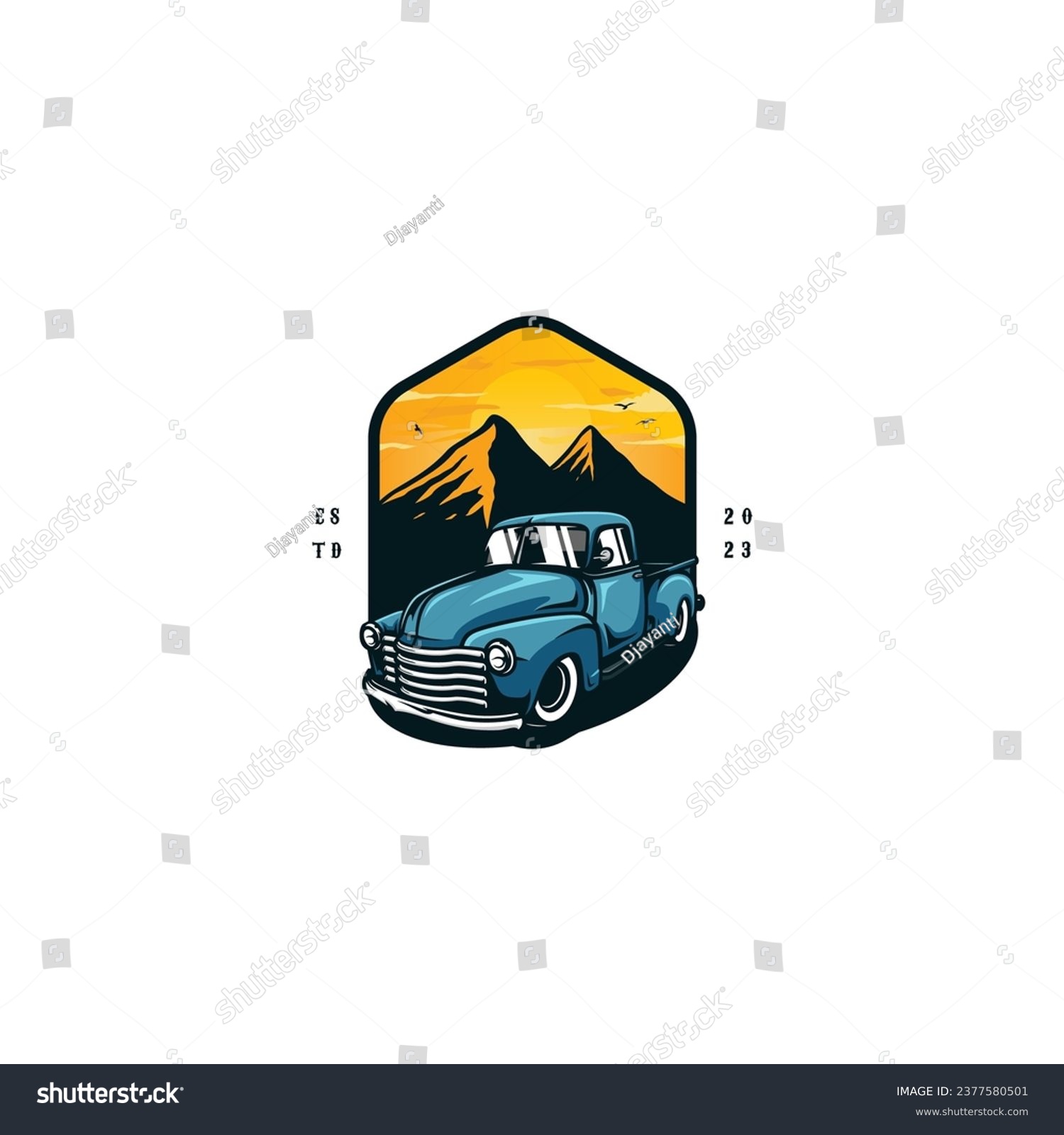 SVG of A logo or illustration depicting a blue classic truck against a sunset background, with the silhouette of a mountain and birds in flight svg