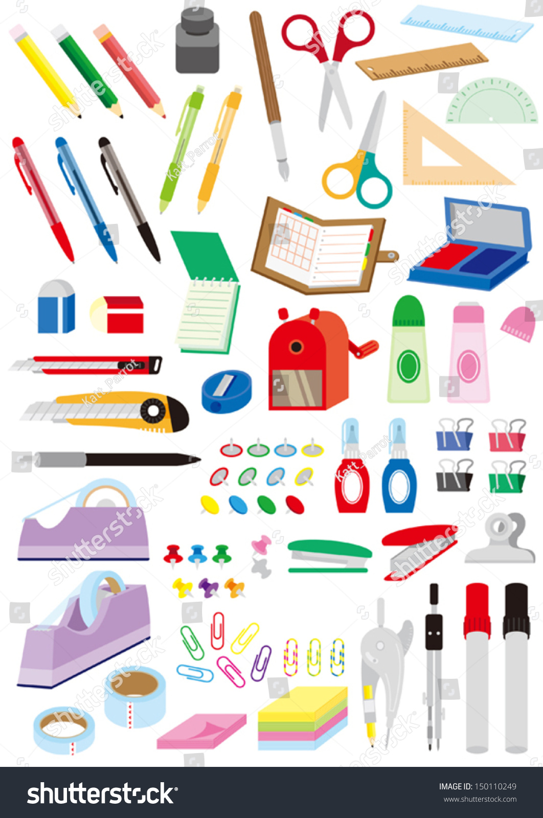 A Lot Of Stationery Items Stock Vector Illustration 150110249 ...