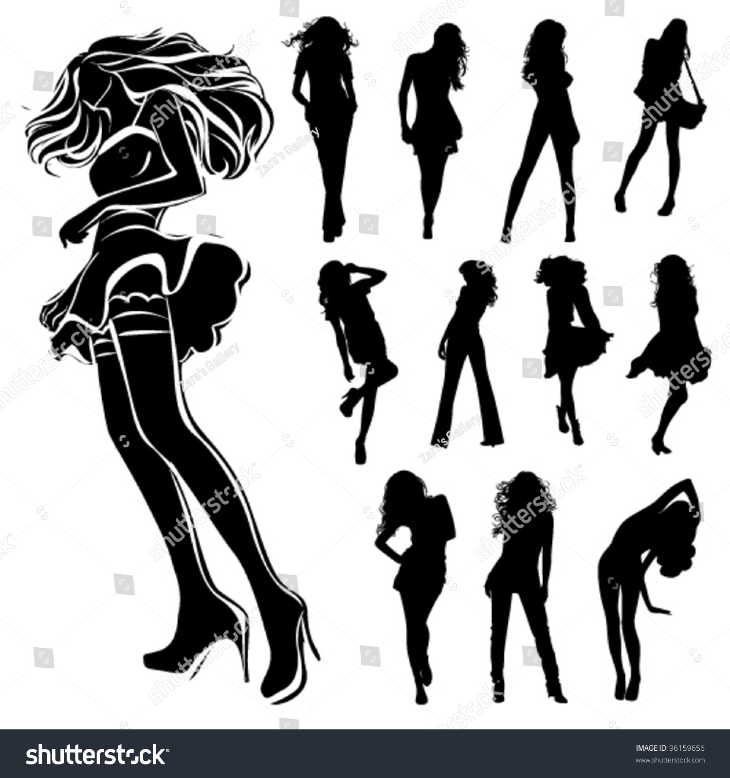 Vector Black Silhouettes Beautiful Women On เวกเตอร์สต็อก ปลอดค่า