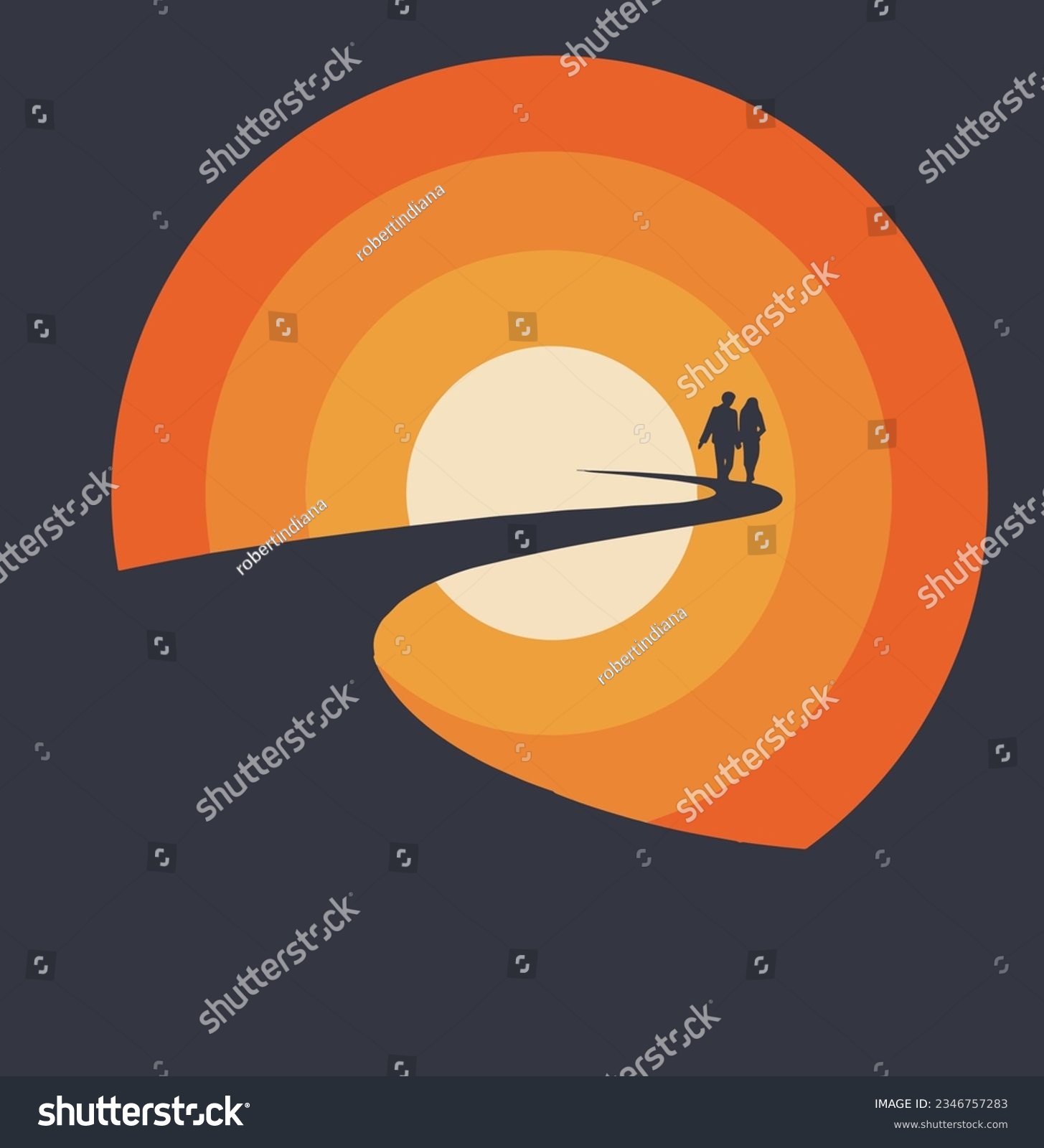 SVG of A man and woman couple stroll down a path into the graphic setting sun design in an illustration about the path of love and life. svg
