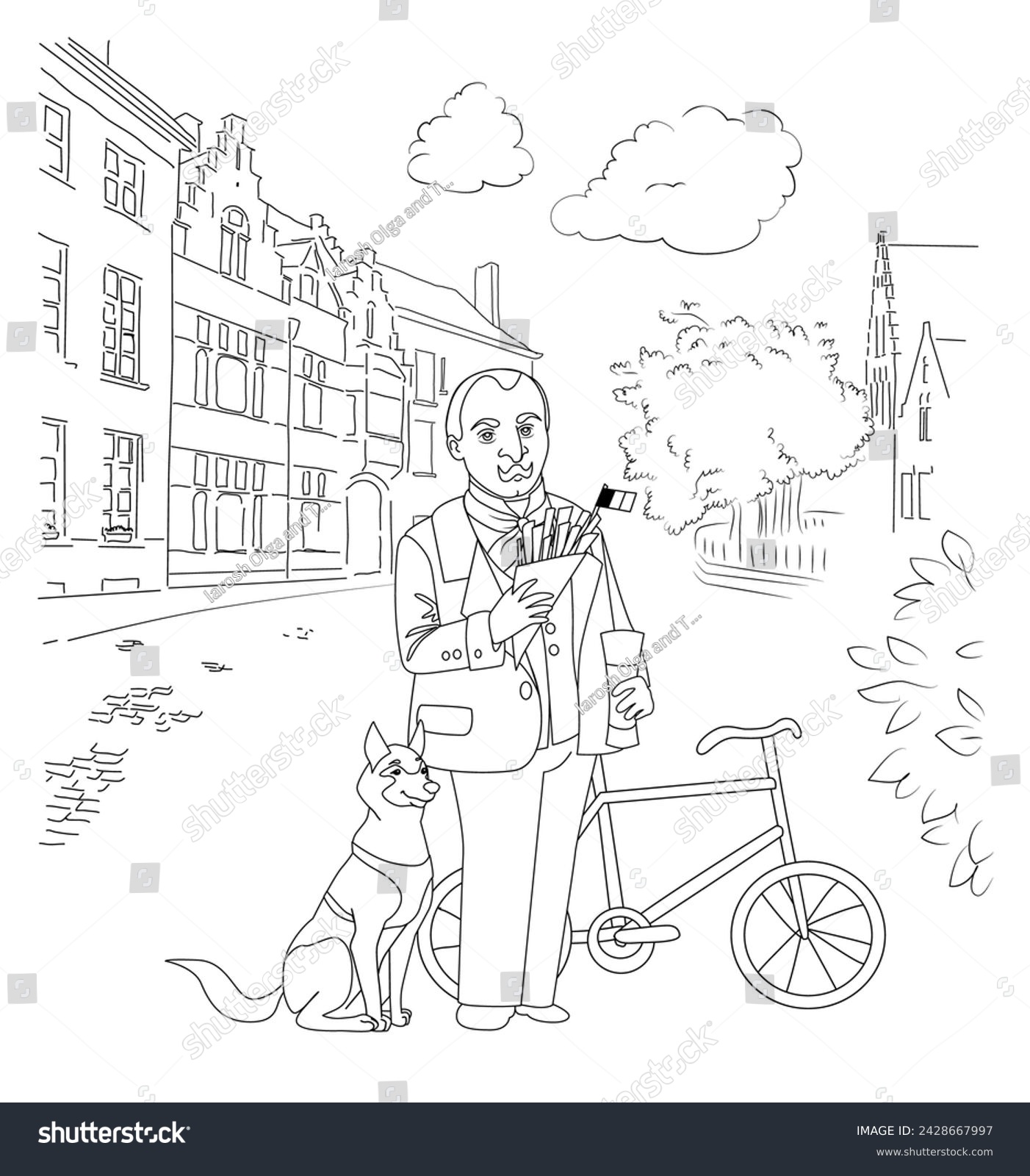 SVG of A man with a glass of Belgian beer and Belgian French fries in his hands, a Belgian bicycle, and a Belgian shepherd dog in the cityscape. Black and white vector illustration, coloring book.  svg