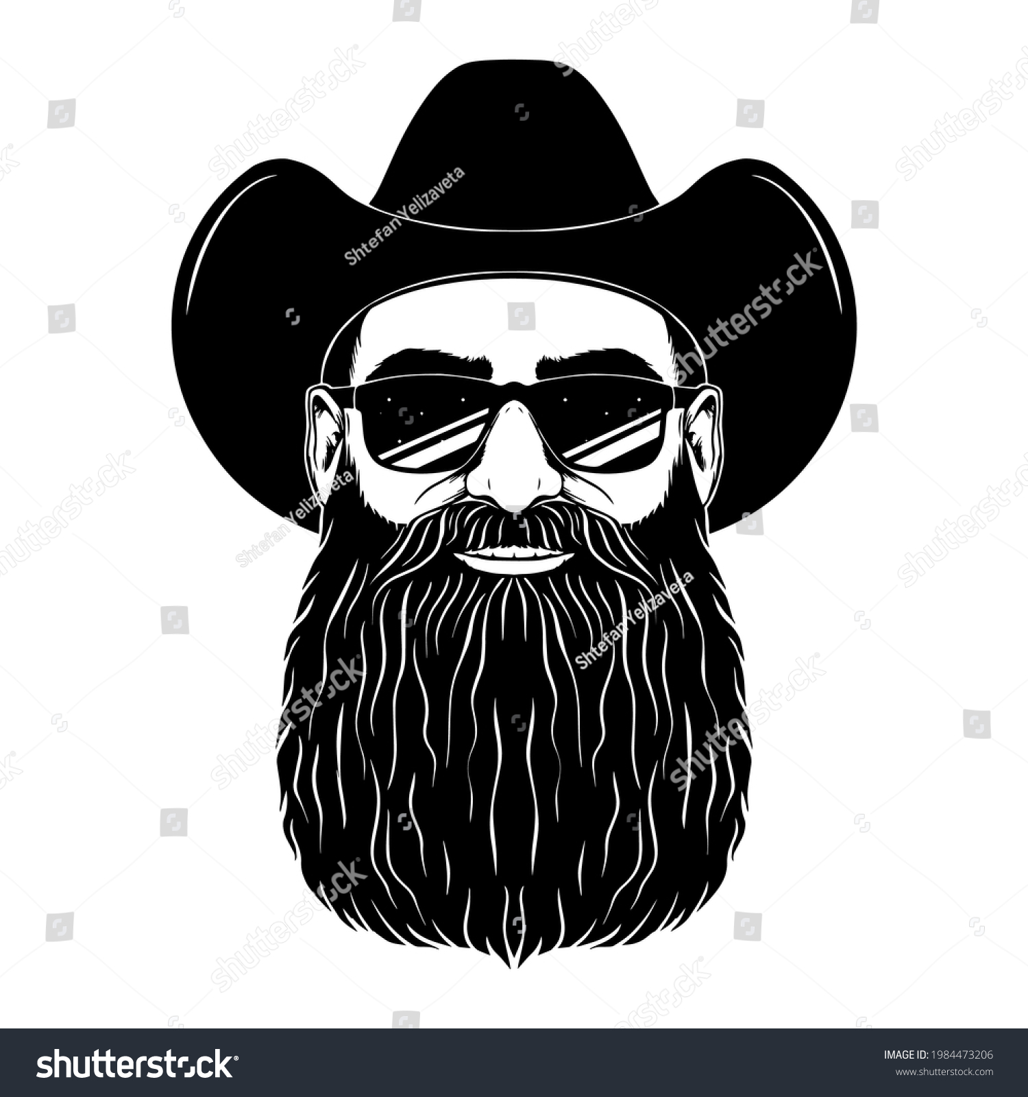 SVG of A man with a long beard in sun glasses and a cowboy hat. Clipart vector svg