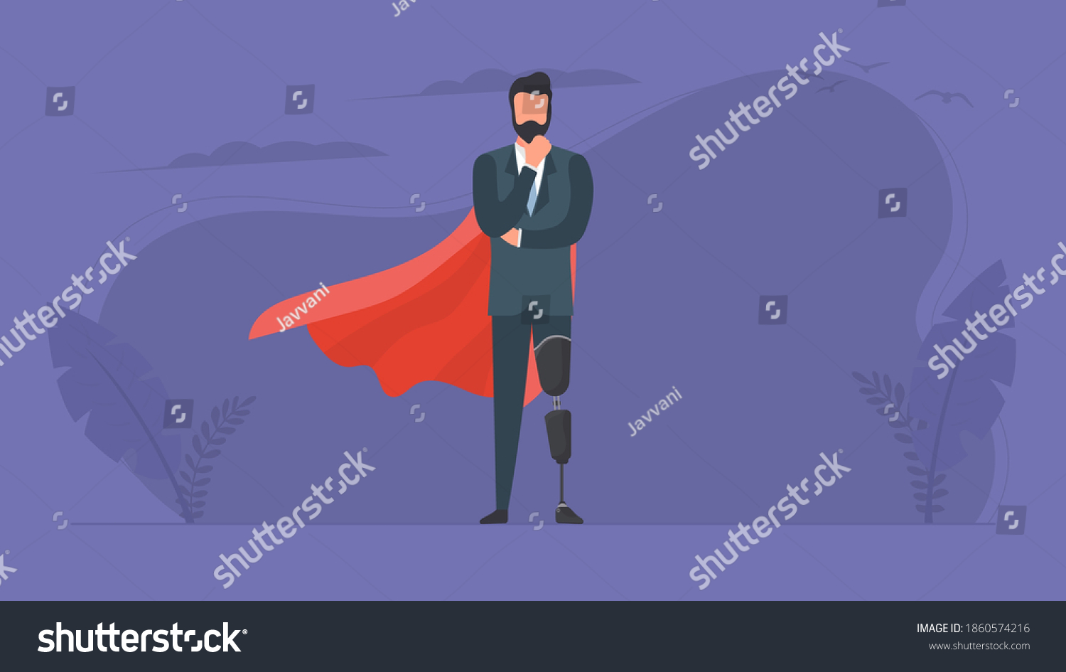 SVG of A man with a prosthetic leg in a business suit and a red cloak. Guy with a leg implant. The concept of human recovery through robotization. Vector. svg