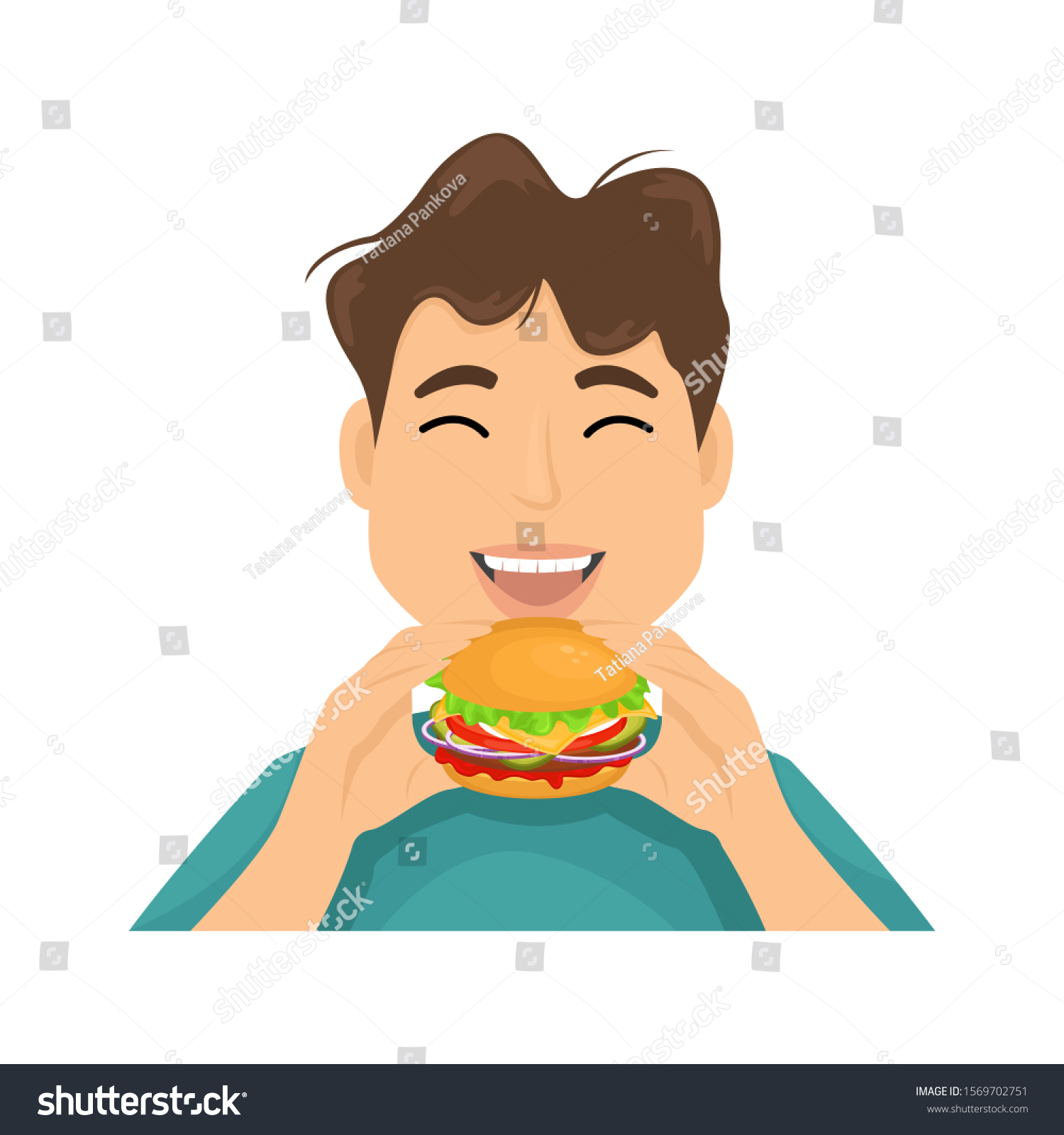 Man Appetite Eats Hamburger Hands Vector Stock Vector (Royalty Free ...