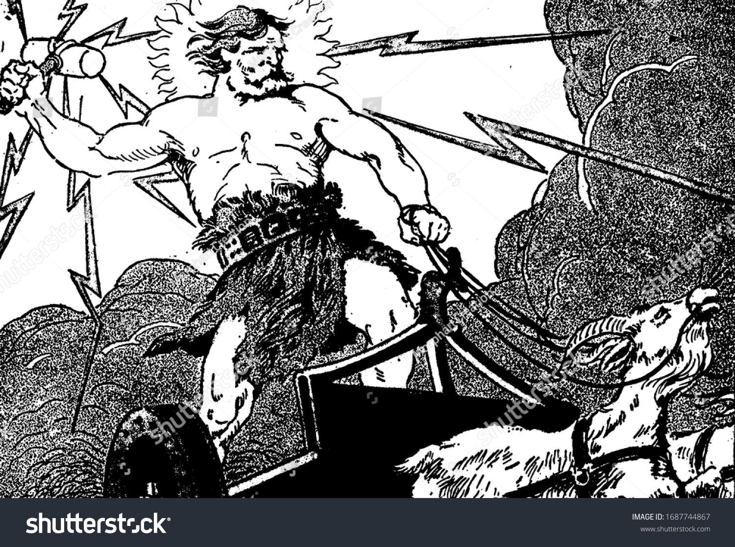 SVG of A man with hammer standing in chariot driven by two goats, vintage line drawing or engraving illustration svg