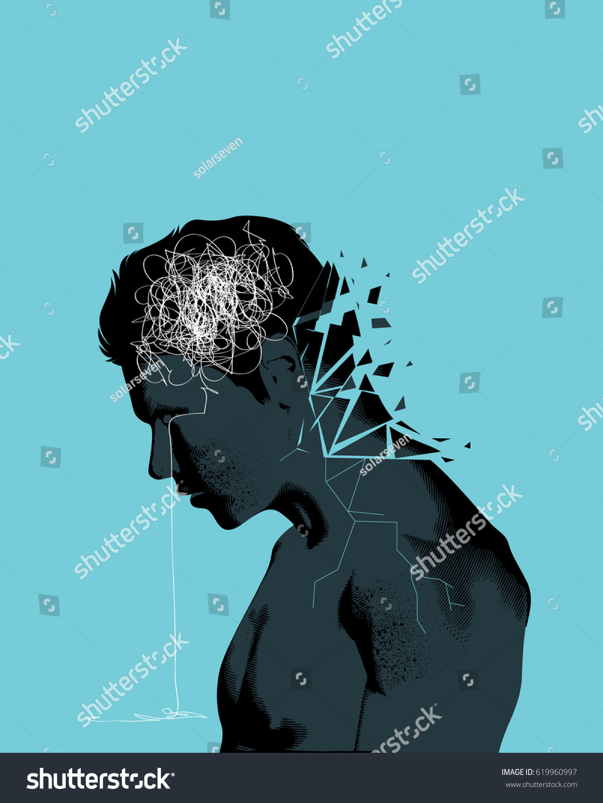 SVG of A man with his head lowered shattering showing mental health issues. Anxiety, depression and mindfulness awareness concept. svg