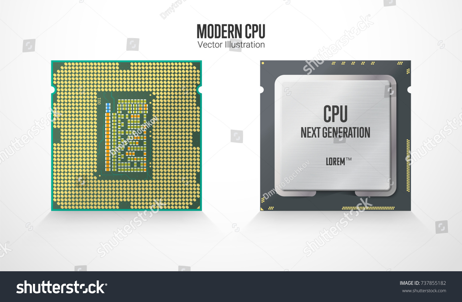 SVG of A modern computer processor. Front and back side. Realistic vector illustration isolated on white background. svg