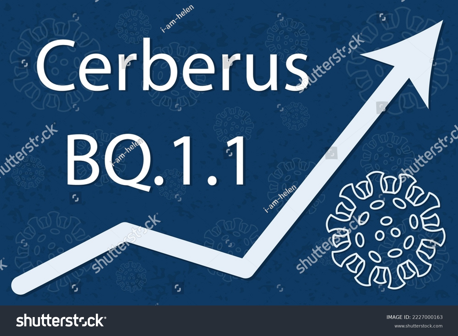 SVG of A new coronavirus variant BQ.1.1, sublineage of Omicron BA.5.  Nickname Cerberus. The arrow shows a dramatic increase in disease. White text on dark blue background with images of coronavirus. svg