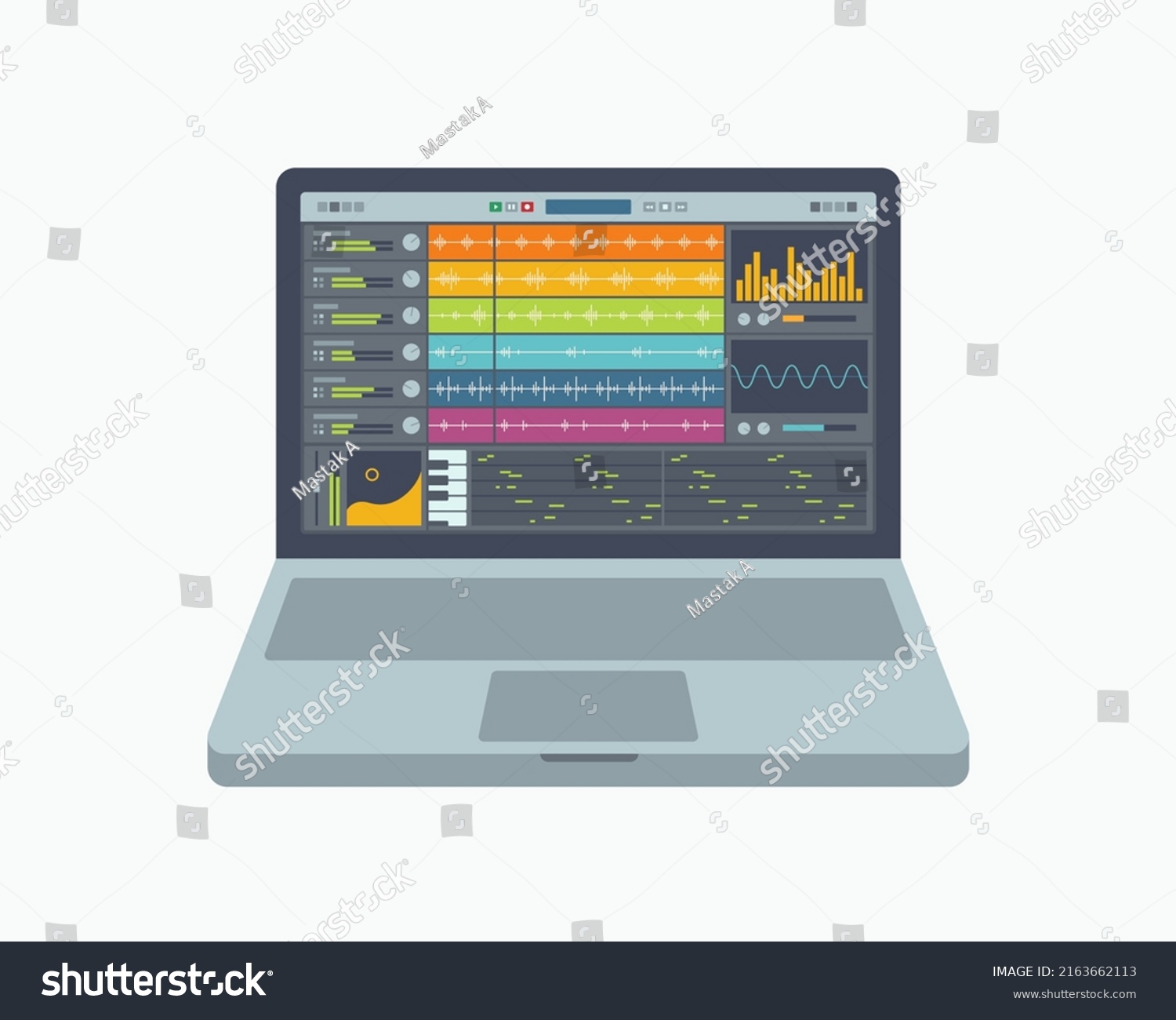SVG of A notebook with a fictional application for creating, production  and mixing music. Vector illustration. svg