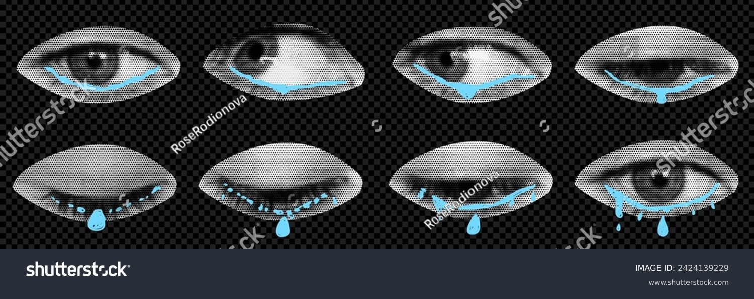 SVG of A pack of rainbow eyes cut out as if from a magazine. An isolated look. Vector halftone with tears elements for collage with different emotions. Frame to frame animation  svg