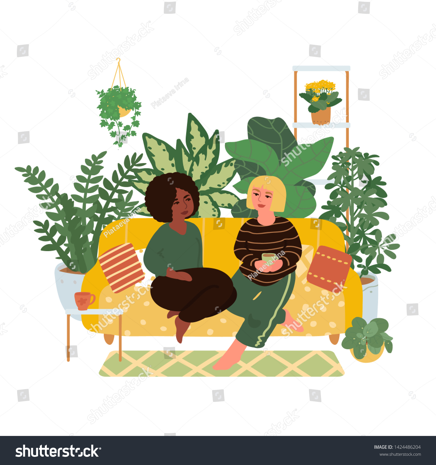 Pair Girls Sitting On Couch Multinational Stock Vector Royalty