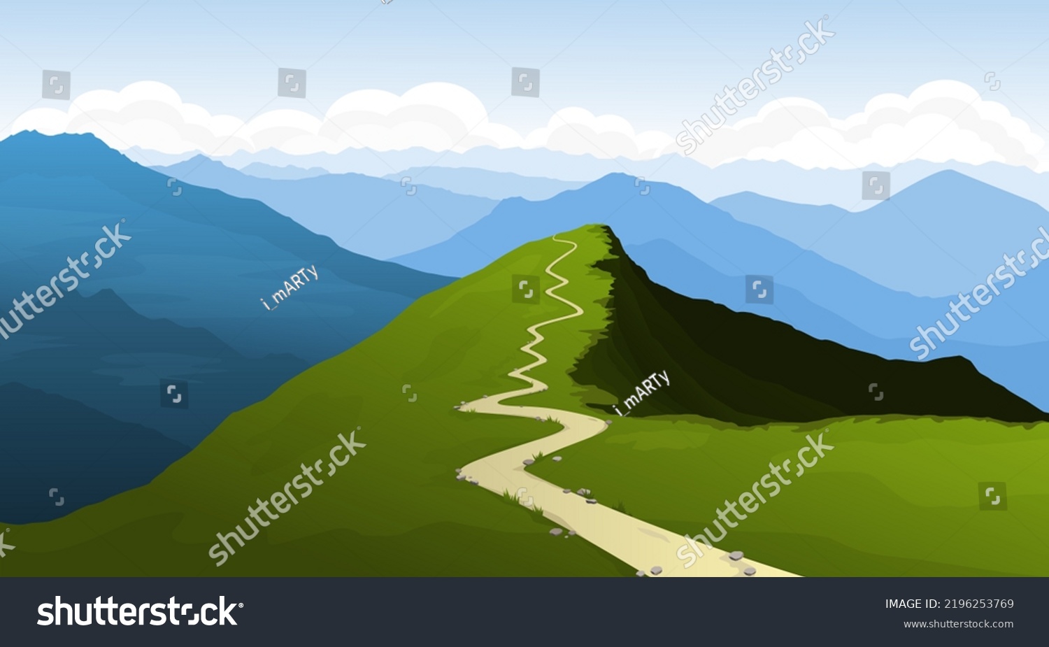 SVG of A path in the mountains. A panoramic view of the mountain peaks. Tourism, an expedition, a hike in the mountains, a walk along a mountain range. Summer landscape. Vector illustration. svg