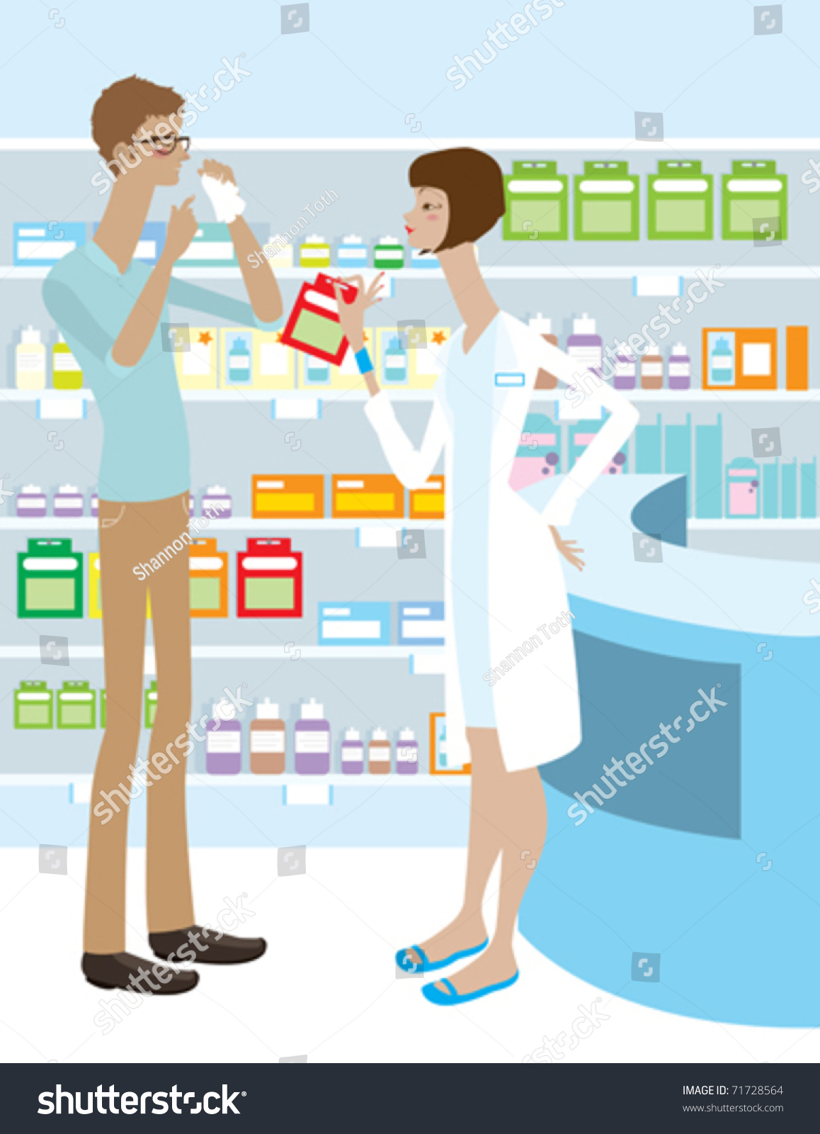 A Pharmacist Helping A Sick Customer. Stock Vector Illustration ...