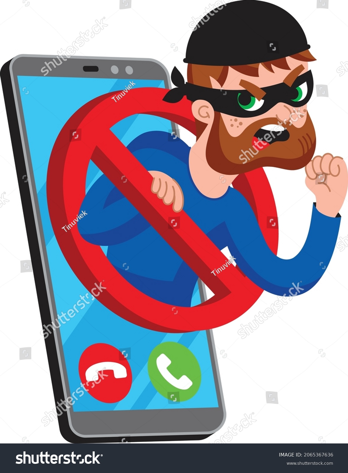 SVG of A phone scammer in a mask climbs out of the phone. Prohibition of telephone fraud. svg