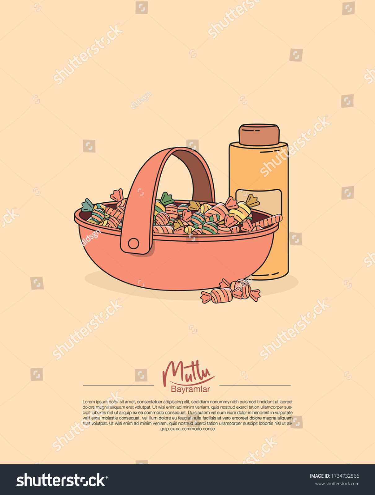 SVG of a pink basket with colorful candies and a bottle of eau de cologne which are the main offerings to the guests during ramadan feast and feast of sacrifice and a text saying ' have a happy feast'  svg